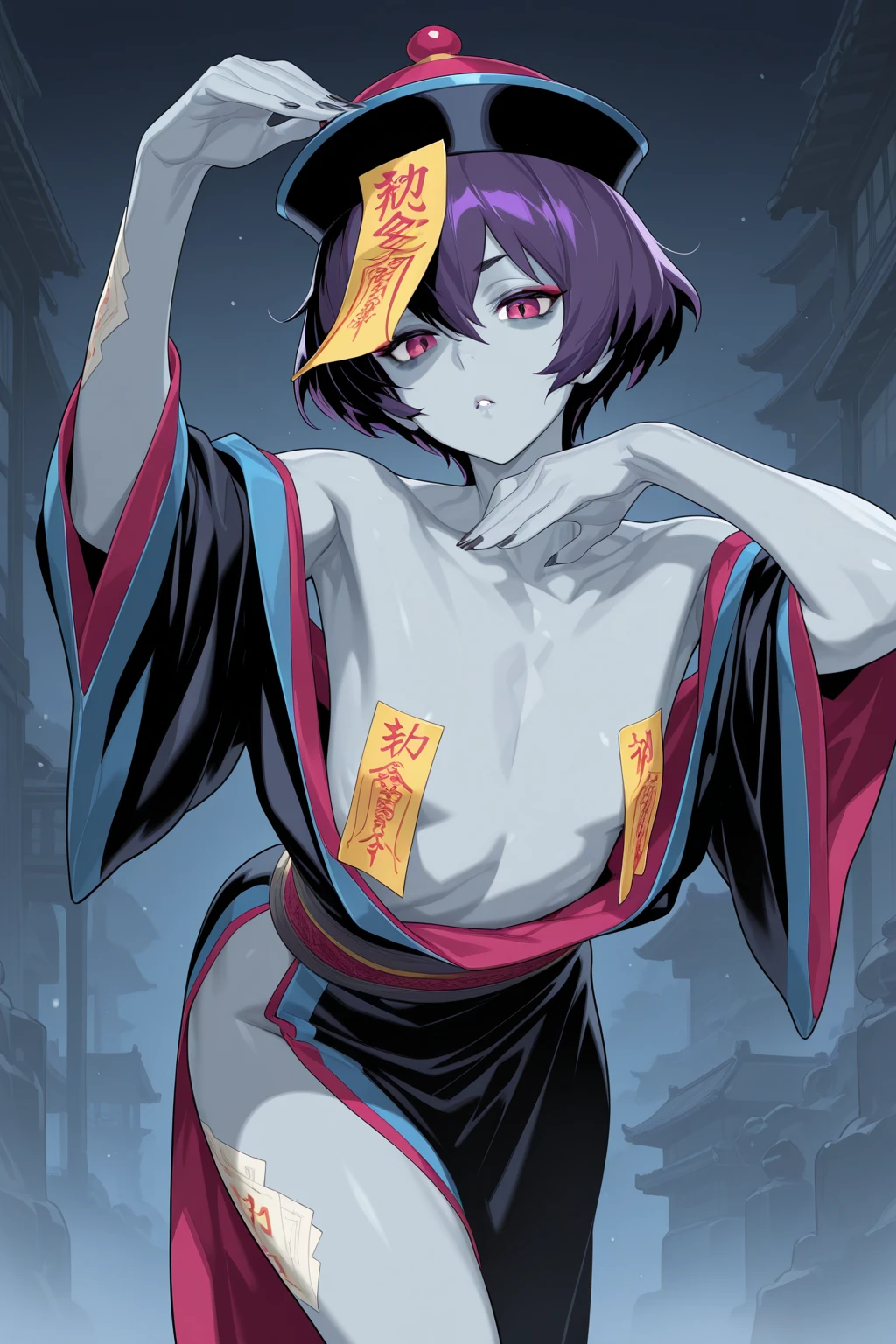 (((nsfw))),BLEACH,Soi Fon, 1 girl, alone, black hair, Tattoo of the uterus, short hair with long locks, (pointed nipples), short hair, small breasts, small breasts, No bra, gloves, put your hand on your waist,anal,love juice