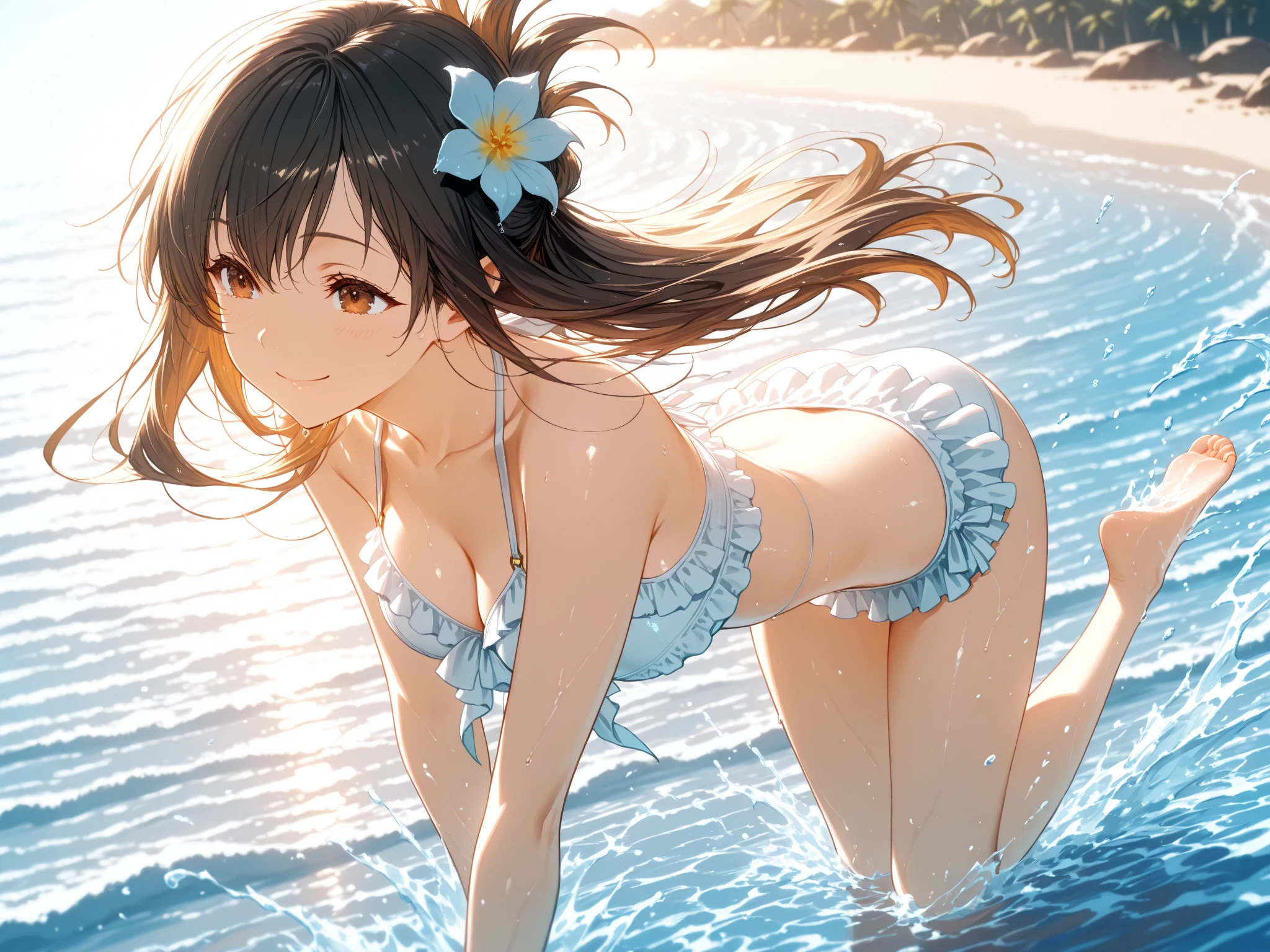 ((masterpiece、4k、8k、highest quality、perfect fingers: 1.3、perfect anatomy: 1.3、background blur))、((３super cute girl:1.3))、((super beautiful one piece swimsuit、16 years old、Super beautiful woman、up short straight long hair：1.1))、(Beautiful big drooping eyes)、smile、((wide shot))、Lakeside mansion、beautiful lake and meadow、