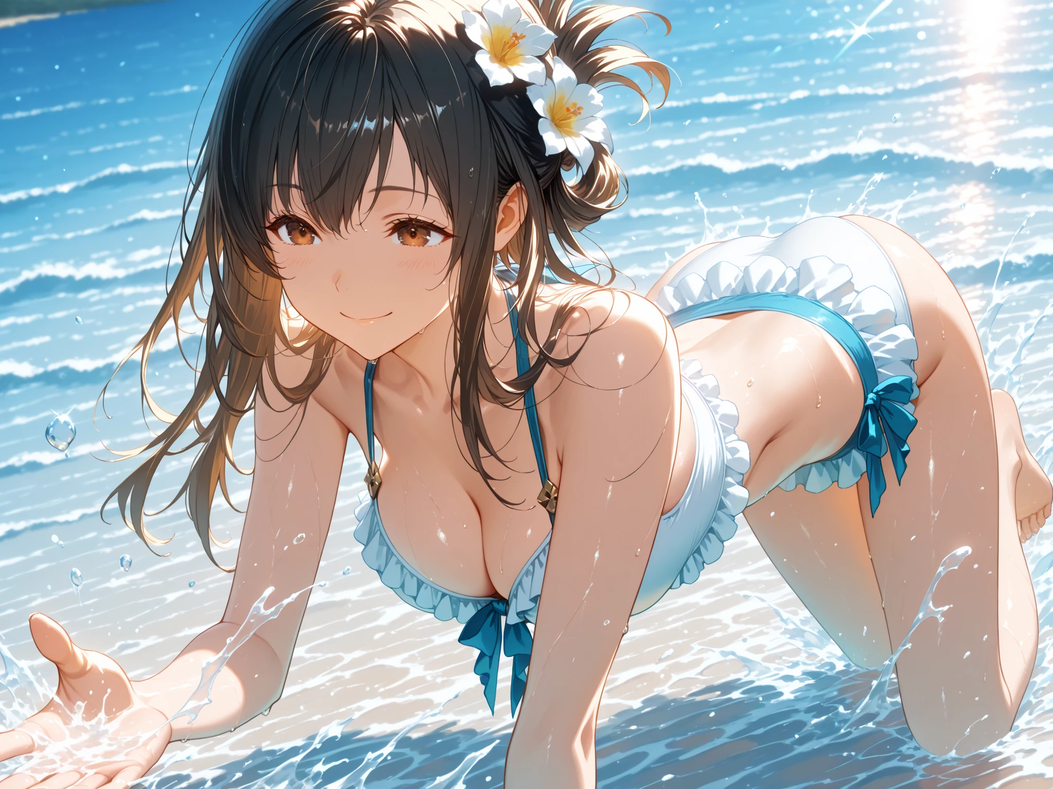 (1girl, Japanese Anime WAIFU style Cute girl), full-length, wearing colorful stripe micro-bikini with a lot of Ruffles, (serving at a trendy cafe at the pool of a luxury resort hotel on the plateau, carry trays with tropical drinks and snacks), masterpiece, top quality, 8K, wide-angle view, full-length, landscape