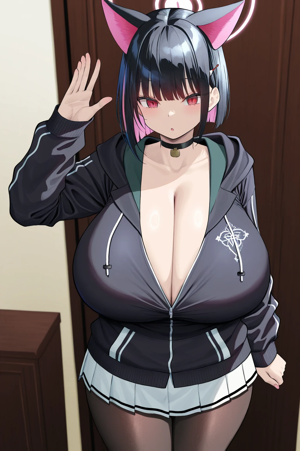 Masterpiece, highres, high Quality, detailed face, detailed body render, 1girl, solo, hyuuga hinata, hinata-sleeveless-outfit, large breasts, big breast, sleeveless shirt, fishnet top, dark lips, unzipped jacket, no bra, breasts out, nipple, standing, blushes, (on bedroom)
