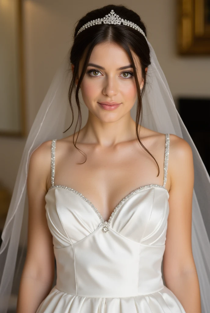 Realistic full body photo of a smiling black-haired woman with long hair, ponytail hairstyle, She dances in front of the camera in a long A-line wedding dress with straps made of shiny satin., Park,glamour fotoshooting, Wedding celebration, perfect anatomy, perfect brown eyes. Perfect hands with 5 fingers on each hand, Matching girl, looking at the camera, 1 Frau. (Eye make up:1.1), (highly detailed skin:1.1), spirit, analog style, keen focus, 8K UHD, dslr, good quality, Fujifilm XT3, Grain, Award-winning, masterpiece. Wedding celebration