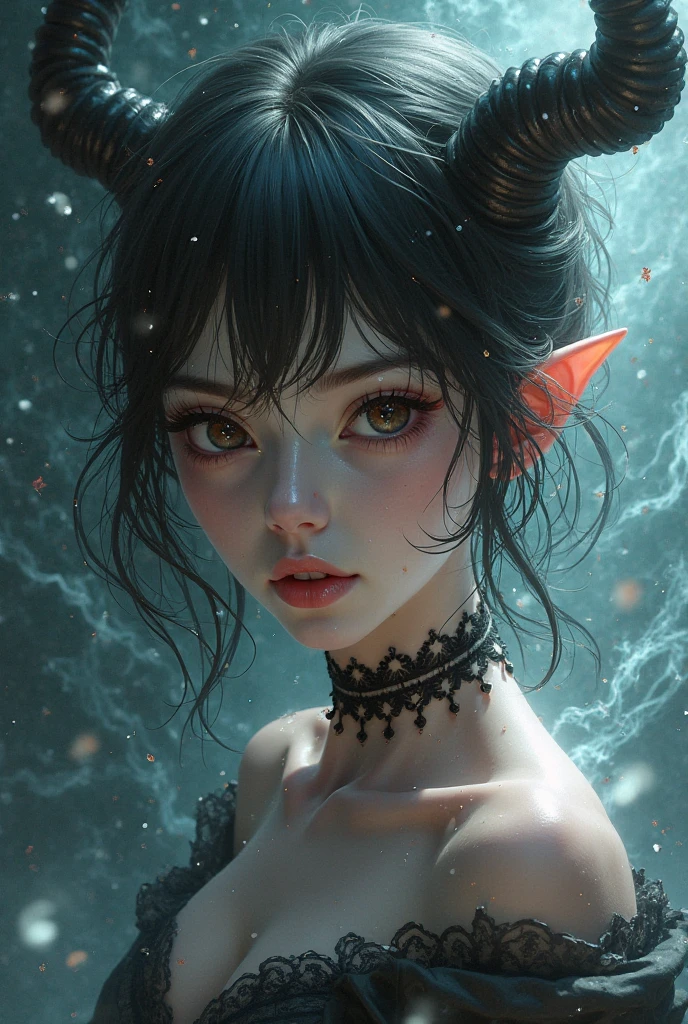 absurdrez, ((best quality)), ((masterpiece)), (detailed), dark gothic horror style, Halloween style, very small goblin girl, (green skin), pointy ears, short purple hair with black streaks pixie hairstyle, closed eyes, floating on back in green water