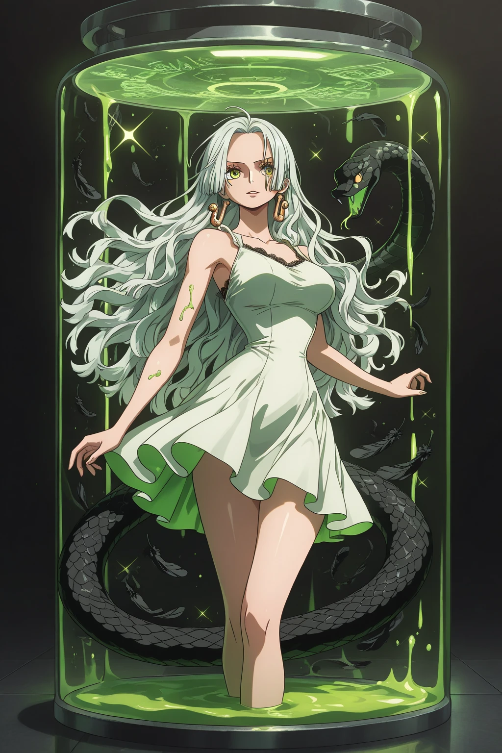 ((ultra quality)), ((masterpiece)), ((Angelic beauty woman)), ((long white curly hair)), ((White hair)), ((fluffy white hair)), ((curly hair)), (beautiful face), (beautiful thick lips), Enchanting ((Calm facial expression)), looks at the camera with a slight smile, (White skin color), (White skin), glow on the body, ((detailed eyes)), ((Next to a huge black snake)), ((violet eyes)), (juicy female lips), (dark eyeliner), (beautiful female hands), ((thick body)), ideal female body, ((green dress)), beautiful waist, beautiful big hips, big breasts, thick thighs, ((threatening and beautiful)) (), ((depth of field)), ((high quality clear image)), (delete details), ((High detail)), ((clear focus))