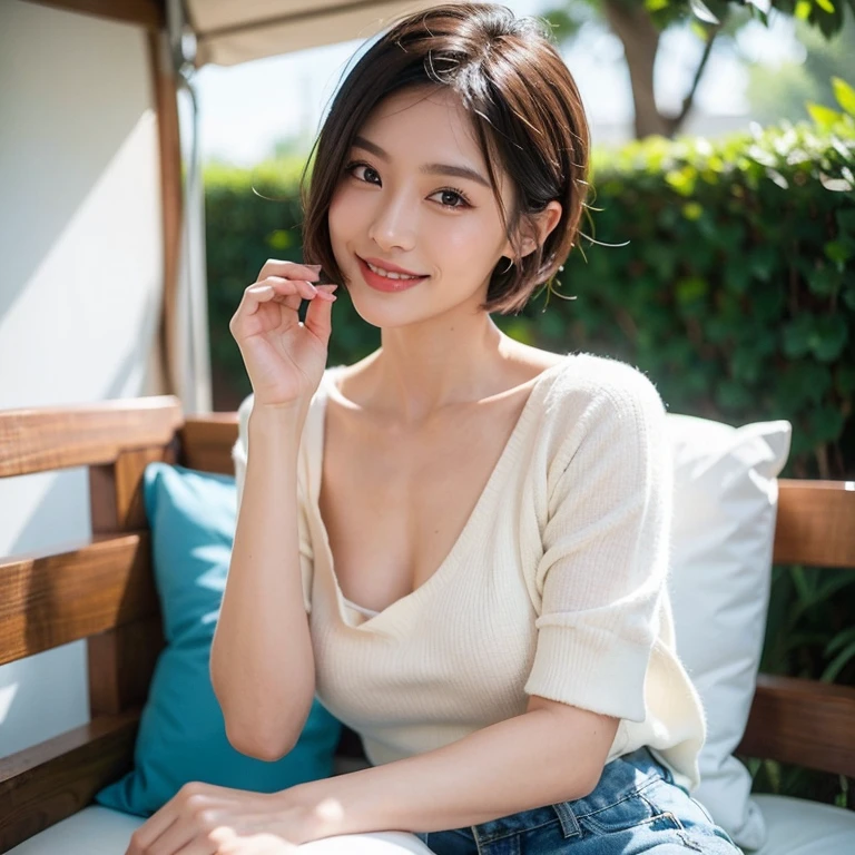 (Small lower chest,Tomboyish,small heads)),  (perfect bodies: 1.1), (short-length straight short hair: 1.2), attractive collarbone，（极其细致的CG 8k壁纸），（Extremely refined and beautiful），（masterpiece），（best qualtiy：1.0），（超高分辨率：1.0），upper body photos，[A high resolution]，cheerfulness，Smile，Smooth and flawless fair skin，ultra - detailed ，Elongated legs，（Small breasts:1.1),Flat chest,Slim，emaciated，No bra,After bath, (white sweater:1.3),Cleavage,(white pantyhose:1.3),At home, in dinning room,Close shot,nightfall，warm light，a dinning table,(Several dishes on the table:1.3),(Lying flat on back on the dining table:1.3),Top down overhead camera perspective,cowboy shot