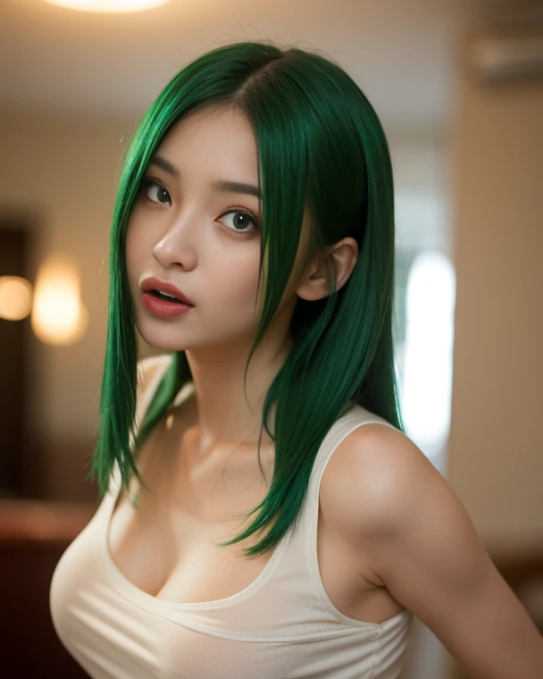 Detailed Body , Extra Detailed Face , Best Qualtiy:1.1 , Female , Huge Colossal Breast , ((Muscles:1.1)) , Looking At The Viewers , ((Detailed Micro Bikini)) , a Gorgeous , Medium Bob Hair , Ukiyo-e Kabuki Wallpaper On Background , (Centre:1.1) , Sleeveless, ((Green Hair))