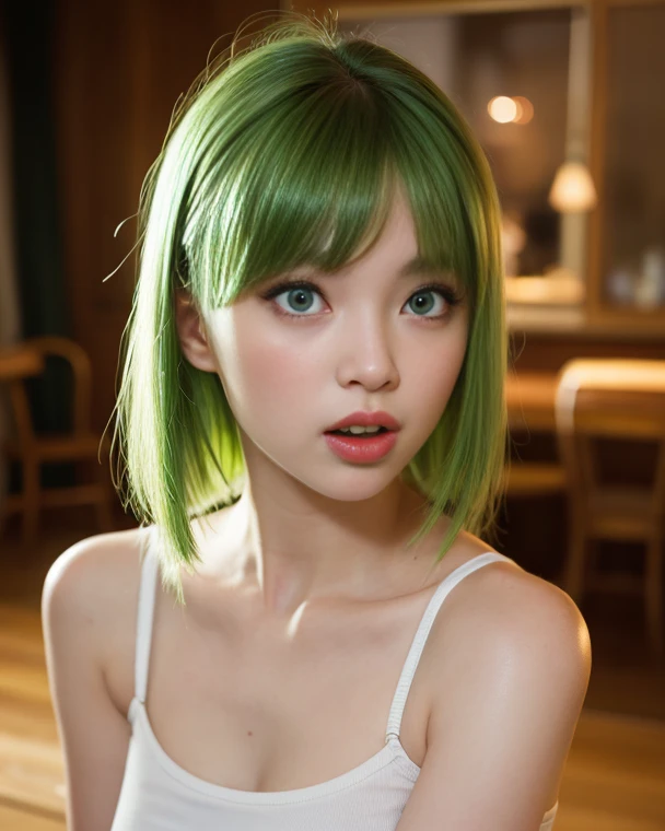 (((Portrait)))、Emerald green hair、Lighting、Sitting、(((White of the eyes))) 、(arms behind back)、(((All nude)))、 ((Best Quality, 8K, masterpiece :1.3)), Full body、sexy girl with perfect figure :1.4, Slender Abs :1.1, ((Huge breasts :1.0)),Ultra-detailed face and skin