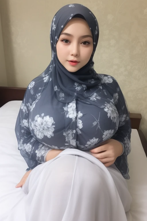 (RAW photo:1.2), (photorealistic:1.4),(masterpiece:1.3),(best quality:1.4),ultra high res,(detailed eyes),(detailed facial features),(detailed clothes features),HDR,8k resolution, skin tight, (((high detailed skin,visible pores))), dreamlike,  (ulzzang-6500-v1.1:0.5),pureerosface_v1:0.2, face close-up, 1 girl,tall, 30 yo, gigantic breast,  wearing tight close pastel floral silk malay gamis with hijab, full body, smile,  Reisa brotoasmoro,  wearing high heels
