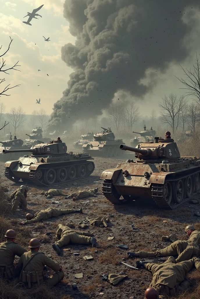 Tank battle in bombed England 2. World War in dreary dark weather and heavy rain 