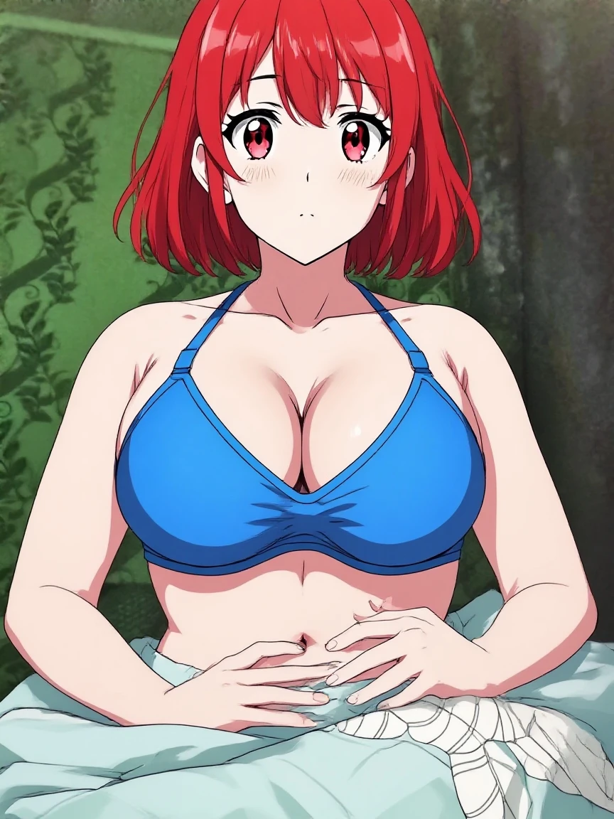 (best quality), (masterpiece), ariadoa, short hair, red hair, red eyes, hair ornament, blue dress, long sleeves, cleavage, large breasts, choker, halterneck, criss-cross halter, looking at viewer, smiling, fantasy landscape,
