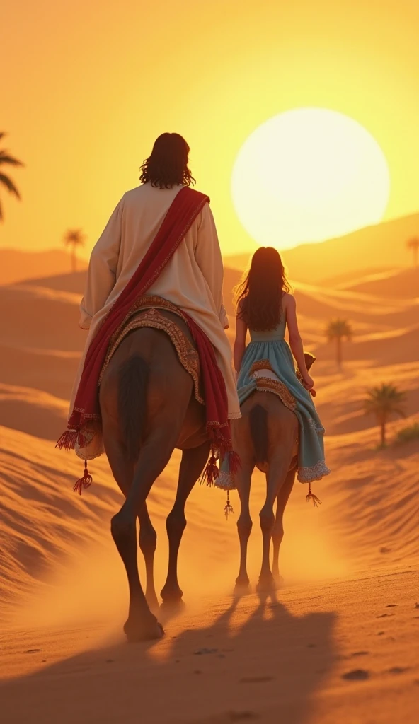 Man 30 years old 23 and women about riding camels, man wearing beautiful white muslim clothing, woman wearing belly dancer outfit with jewelry, detailed facial features, intricate jewelry and clothing textures, dramatic lighting casting long shadows, desert landscape with towering sand dunes, warm golden tones, cinematic composition, (best quality,4k,8k,highres,masterpiece:1.2),ultra-detailed,(realistic,photorealistic,photo-realistic:1.37) gta 5 style
