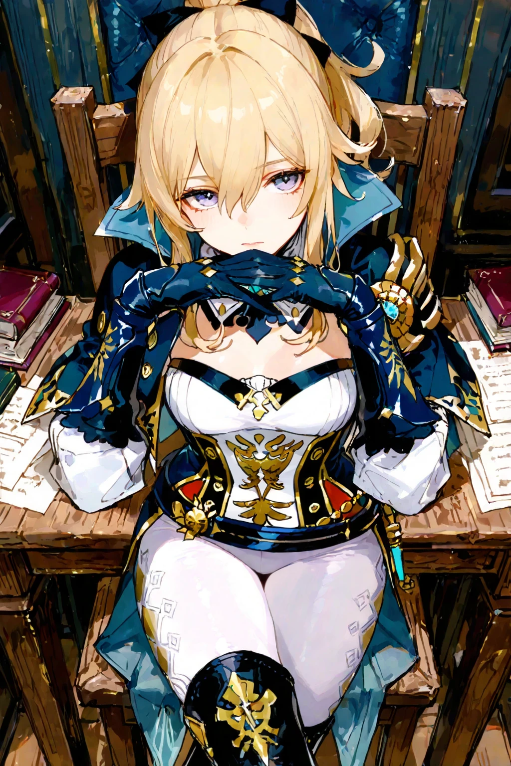 Lancer Artoria, elegant adult female, blonde, green eyes, (yellow eyelashes), crown, turtleneck, cleavage cutout, sleeveless, blue leotard, elbow gloves, gauntlets, blue thigh, elegantly (sit on throne), throne room, close-up protrait, high resolution, extremely detail 8k cg, yellow bikini (yellow tiger stripes)
