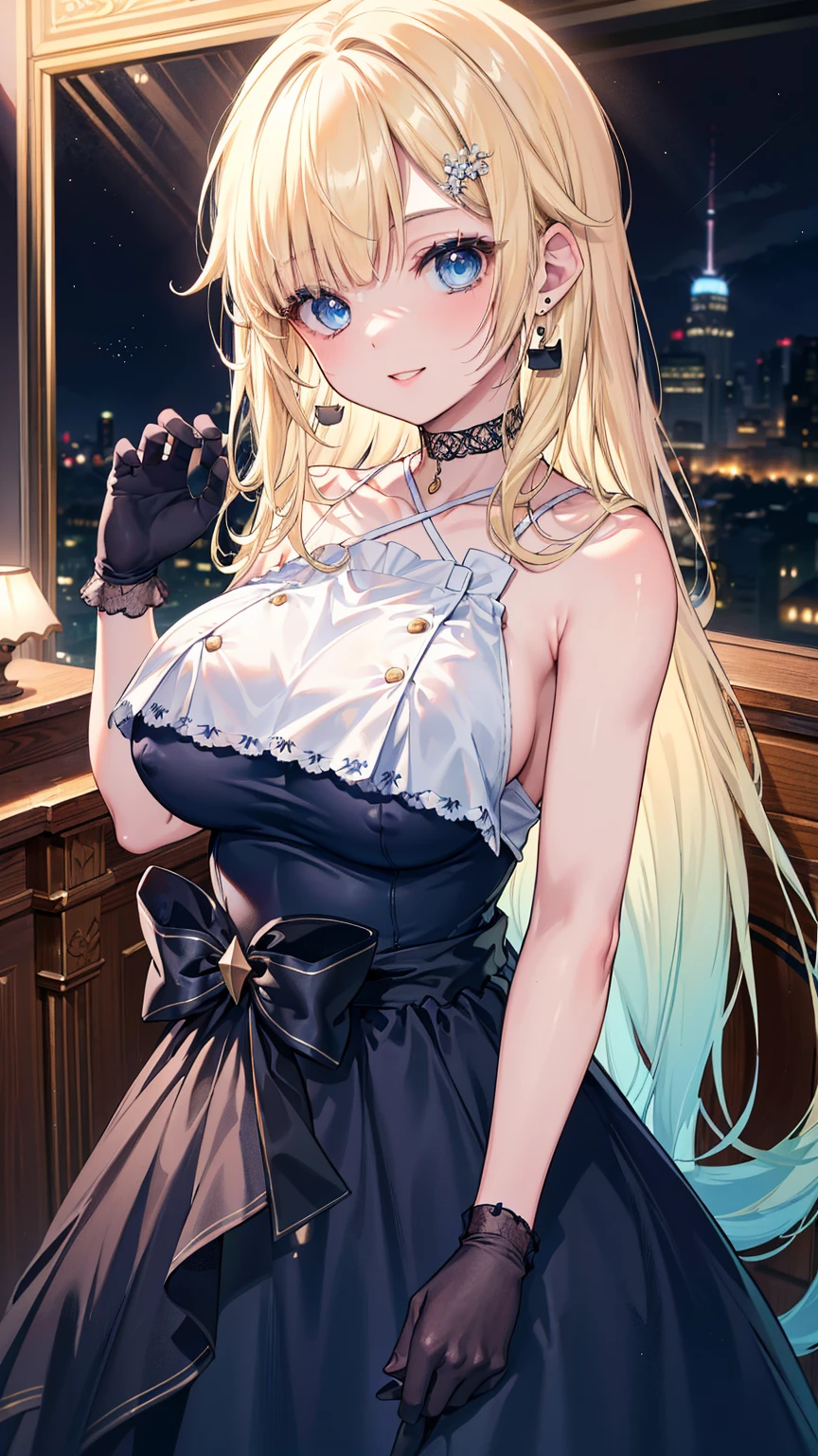 ultra detailed, masterpiece, best quality, solo, soft smile, light smile, portrait,
1girl, blue eyes, very long hair, blonde hair, long blonde hair, french braid, bangs, medium breasts,
hair ribbon, frilled choker, criss-cross halter, sleeveless dress, high-waist skirt, backless dress, waist bow, detached sleeves, frilled sleeves, wide sleeves,