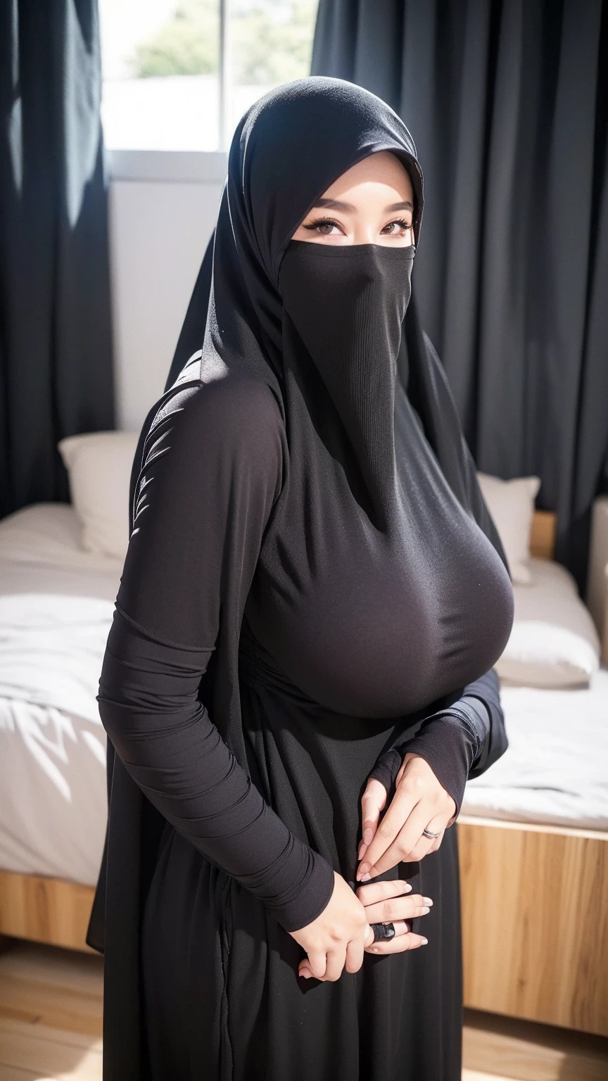52 years Old, Hijab Indonesian mature woman, Large : 96.9, Niqab, Tight Burqa, Curvy body, Breast about To burst out, at Office, Dark light, at Nighttime