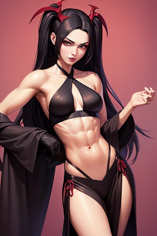white background, revealing clothes, headwear, 1girl, solo, long hair, breasts, looking at viewer, blush, open mouth, black hair, purple thighhighs, hat, navel, cleavage, bare shoulders, jewelry, thong, collarbone, cowboy shot, earrings, parted lips, detached sleeves, pointy ears, elbow gloves, dark skin, armpits, hair over one eye, arms up,( dark-skinned female:1.2), big eyes, white headwear, dark elf, arms behind head, brown shoes, highleg panties, purple gloves, multiple earrings, purple sleeves,smirk,