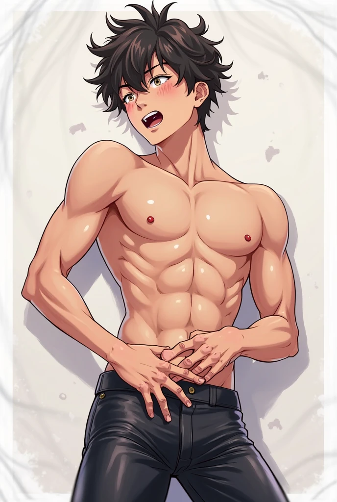shirtless handsome manly short black hair caucasian male in tattered short jeans and sneakers, shirtless, sweating profusely, drenched with sweat, exhausted, panting, standing at the wall, back against a wall, hands above the head, at home