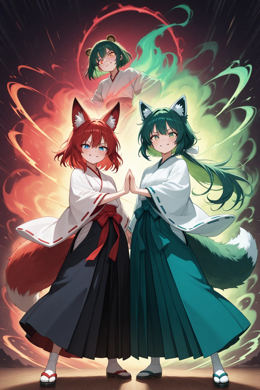 (An anime-style woman, 25 years old, has long white hair and wolf ears, as well as a wolf tail. She has caramel-colored skin and poison green eyes. She wears closed-toe clothing, a spider suit decorated with a spider web print, and a spider web floats in the background.)
