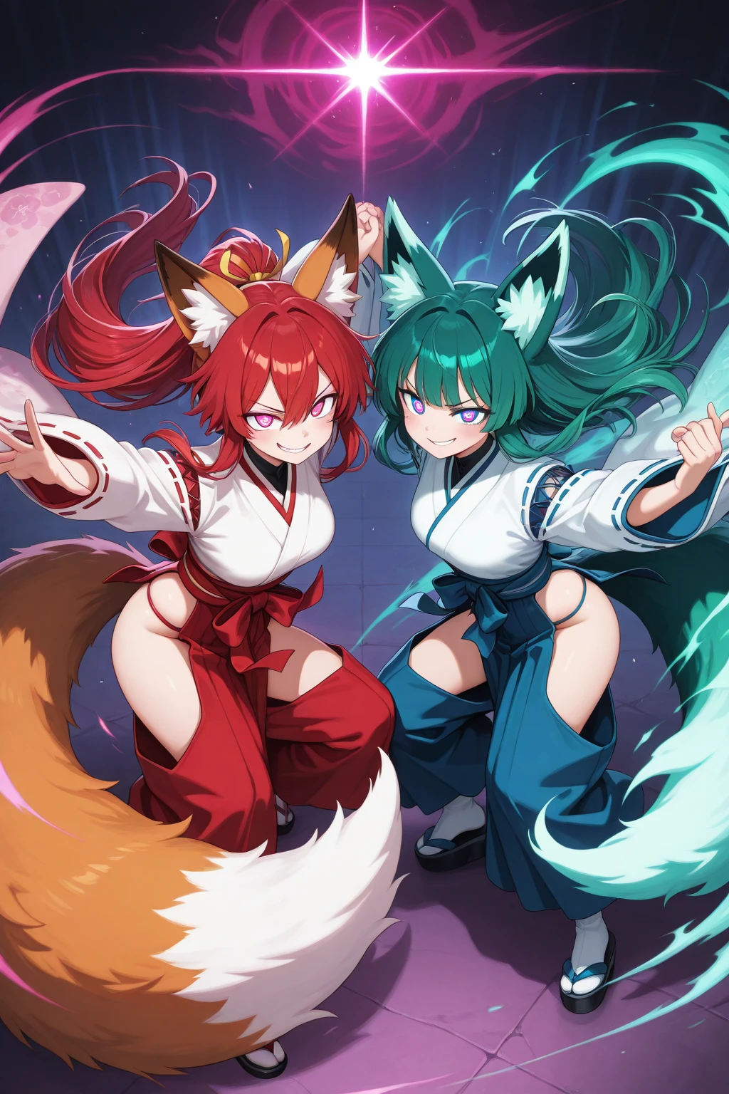 Beautiful Girl with Red Hair Fox Ears, Beautiful Girl with Green Hair with Raccoon Ears {x} Beautiful Girl with Green Hair, Opposing Composition, bewitching expression, supple body line, Japanese Style Modern Clothes, Drifting Confrontation, Mysterious glow of eyes, Fluffy tail , tense air, Provocative Smile, Tense Atmosphere, Yo-kai Characteristics, Glamorous Posture, Two Opposing People, Brilliant Standing Figure , Mysterious Aura, Intense gaze, bewitching atmosphere, Contrasting colors