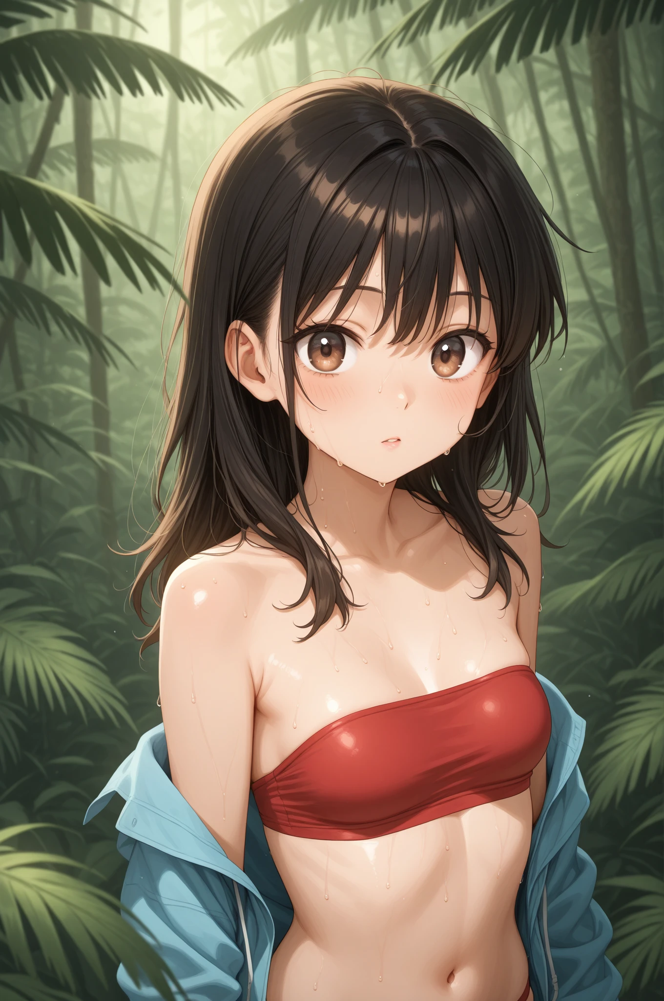 Fantasy art、Dynamic Angle、((masterpiece,best quality anime,Highest quality:1.3)),realistic,portrait,1woman,(Mature Beauty),((very small head:1.4)),((very long body:1.3)),long hair,black hair,bangs,(gorgeous big eyes),black eyes,((slender body:1.3,skinny:1.2)),medium breasts,sweat,(Red Bikini、red loincloth),navel,Brown leather gauntlets、Brown leather boots、walk,Mountaineering、Rugged mountain path、sunny、forest、Trees、A world of magic and fantasy、