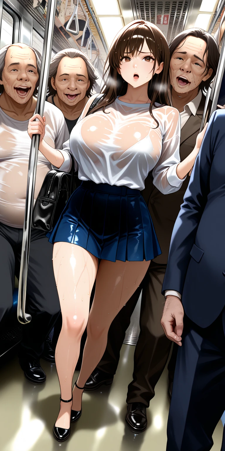 high resolution,Multiple penises,Slender and sexy woman,Cum in mouth,deep throat ,Black thigh-high boots,Jeans Shorts,in the train,Molester,Multiple men,Put your hands behind your back,penis,rape,Sex,Creampie,ponytail,A lot of semen,profile,Used condom in shorts,