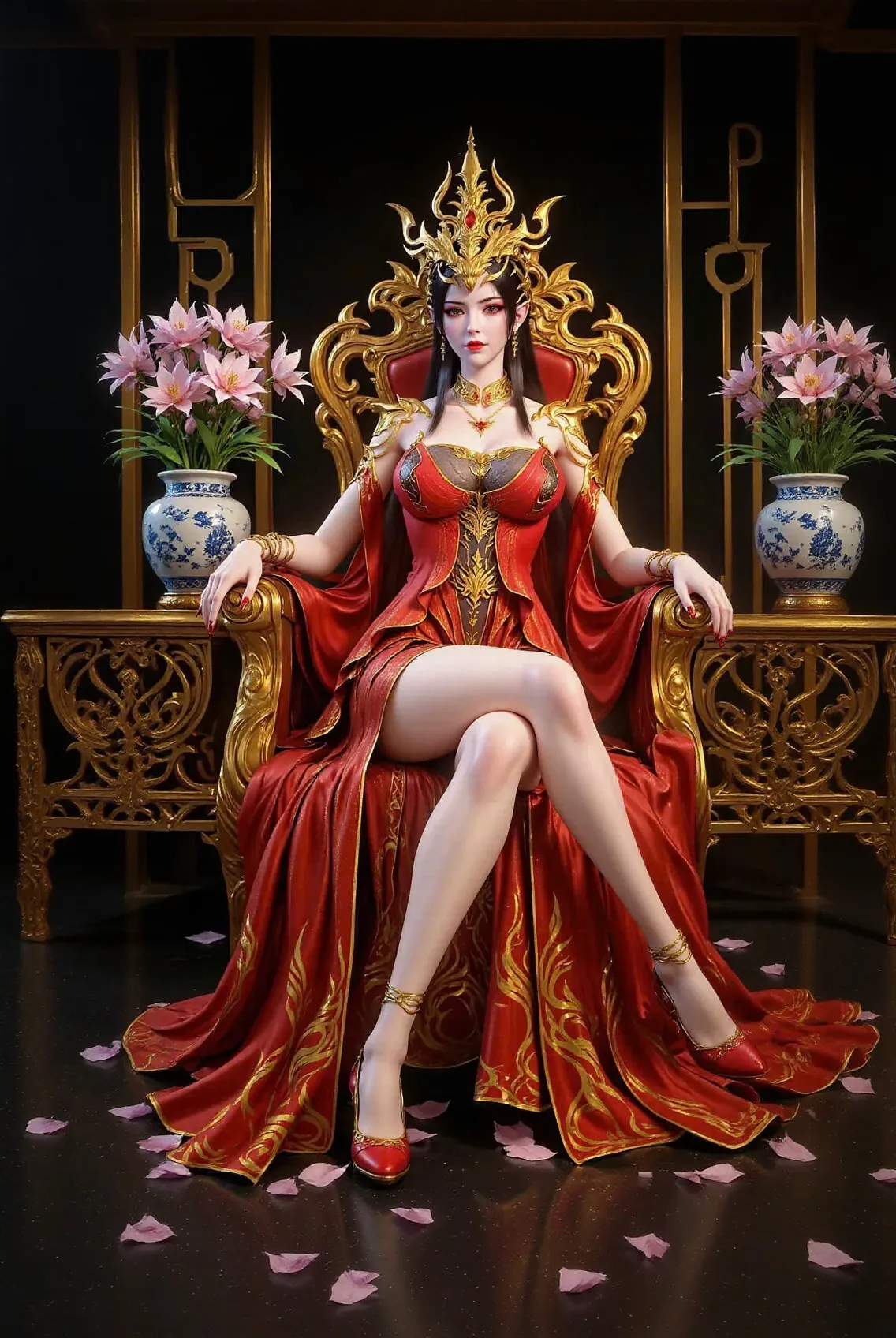A gorgeous empress from the Chinese imperial court during the Qing Dynasty, fully naked on a large golden sofa, spreading one's legs open wide with knees bent,creating the shape of the letter M(Porn Pose) A gorgeous Chinese imperial empress with her hair tied on both sides and wearing a crown、Background of kinky and erotic woman tying her hair、The story is set in the luxurious rooms of an empress in the Chinese imperial court during the Qing dynasty.。
