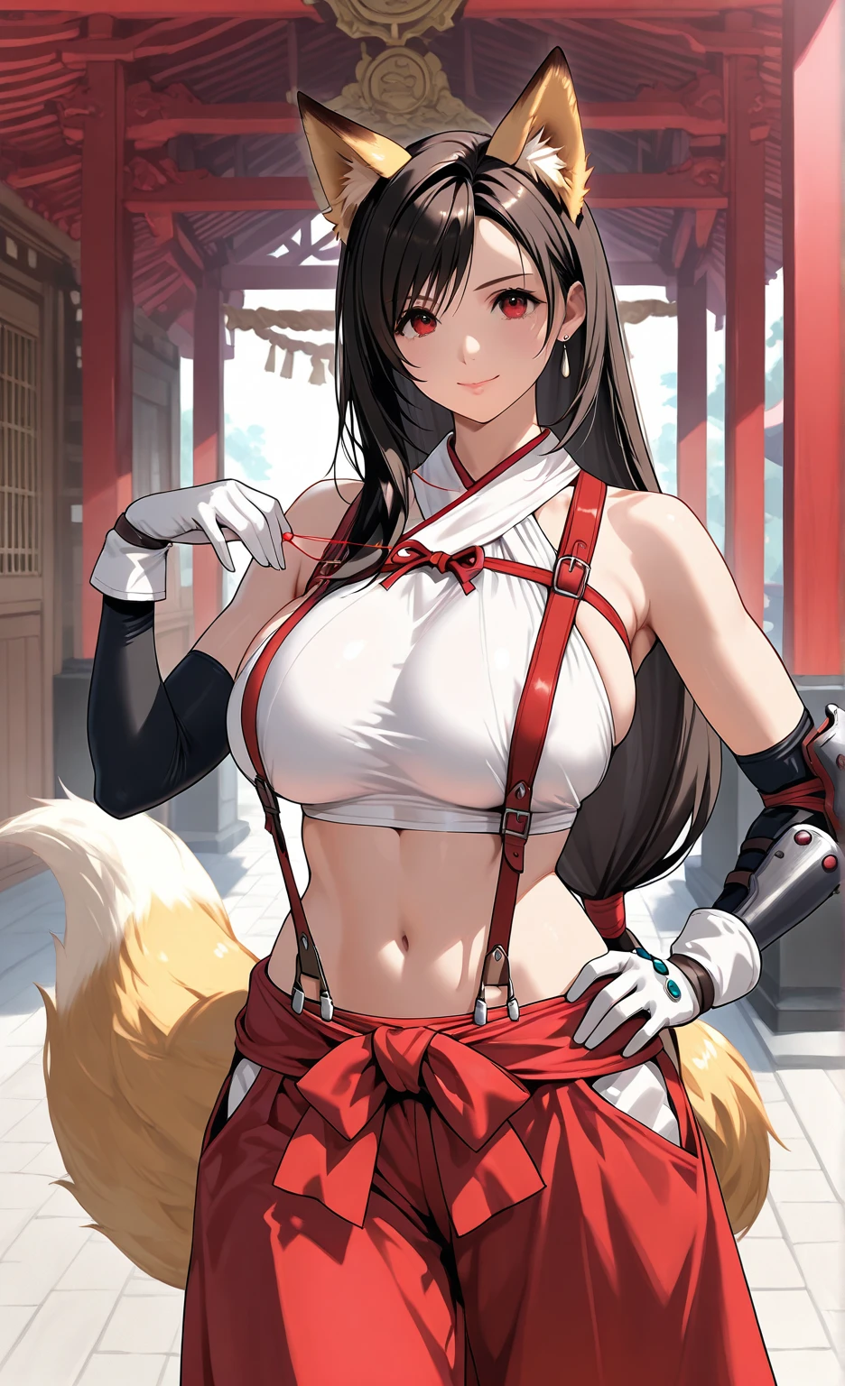 masterpiece, best quality, beautiful art, high resolution, well formed hands, body and fingers, 1 woman, solo, Imaizumi Kagerou, wolf ears and wolf tail,  grown up,  cosplaying as Mai Shiranui , mai_shiranui_cosplay, adult, large and round breasted, cleavage full body,  hair ribbon, gorgeous legs and, thighs, sexy Japanese clothes, hair ornament , sexy legs , hips and thighs,doing exercise, warming up, working out, sexy and captivating training, smiling joyfully and happily , looking at the viewer, panties peek, sweating , bouncing breasts, t back thong, training montage session, beach environment  
