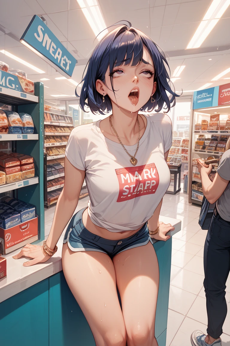 nsfw, masterpiece, 1 girl, erect nipples, intricately detailed, topless, navel, denim hotpants, kfc, bare shoulders, necklace, interior, dj, headset, baseball cap, citypop, erect nipples, puffy nipples, extremely detailed, photorealistic, octane render, 8 k, unreal engine, bare breasts, nipples, bare stomach, sweaty, people on background, moist breath, small breasts, flat chests, child, smiling, leaning forward, collarbone, wet body, pink hair, ray of lights, nipple-piercing, fast food counter, nipple chain