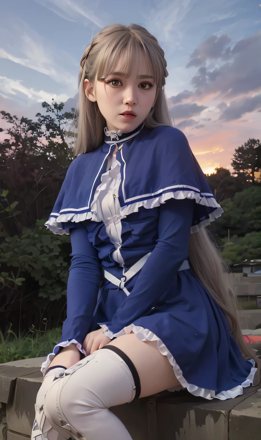 Lawine, frieren anime caracter, grey hair, blue eyes, blue clothes, outdoor background, detailed face, detailed hair, detailed eyes, detailed hand, ultra realistic, ultra detailed, best quality, masterpiece 8K、realistic、detailed face、detailed mouth、detailed eye、