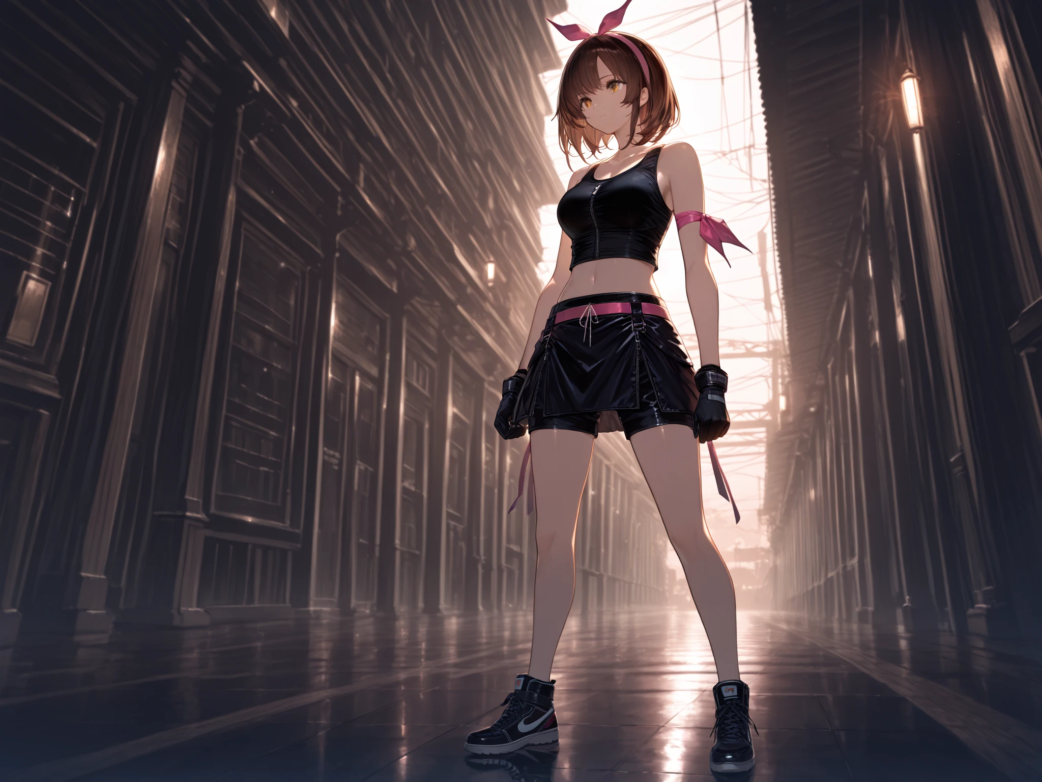 a close up of a person in a short skirt and a black top, fight pose, fighter pose, fighting pose, boxing stance, fighting stance, attack pose, mma southpaw stance, combat pose, in fighter poses, combat stance, anime pose, running pose, fighting game character, posing for a fight intricate, tifa, full body with dynamic pose