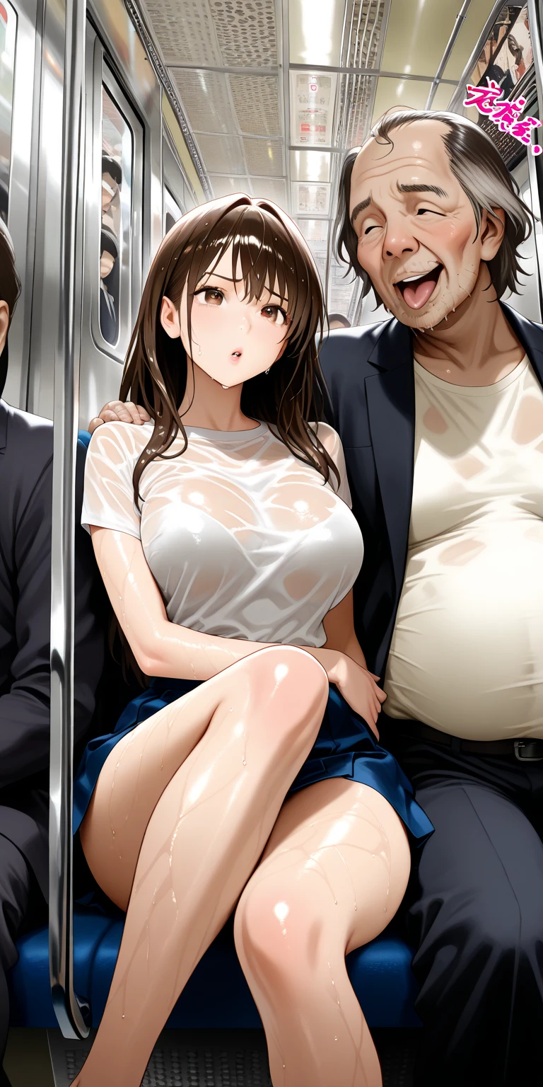 ((( in the train))),school girl,many men are 50years old,school girl is surrounded by men,((( molester))),( train),( huge breasts),( hands on own breasts),((( open shirt ,lifted bra))),(((( ugly man is grabbing shirt forcibly from behind)))), (( ugly man is standing behind the girl)),(( nipples))),(( upper body)),(( blush, surprised)),open mouth,(( looking down)),(((( ugly 50years old man is grabbing breasts forcibly )))), (((rape)))