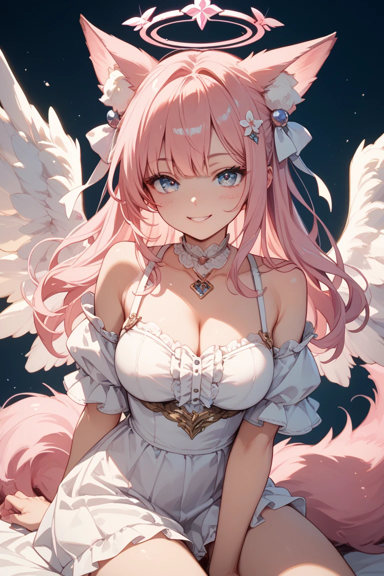 seraphine1, league of legends, pink hair, cleavage, digital illustration, vibrant colors, soft lighting, glowing effects, perfect face, glowing effects, absurdres, ultrasharp, 8K, long hair, bride dress, puffy dress, flowers, sakura flowers, petals, dynamic lighting, holy window, light from window