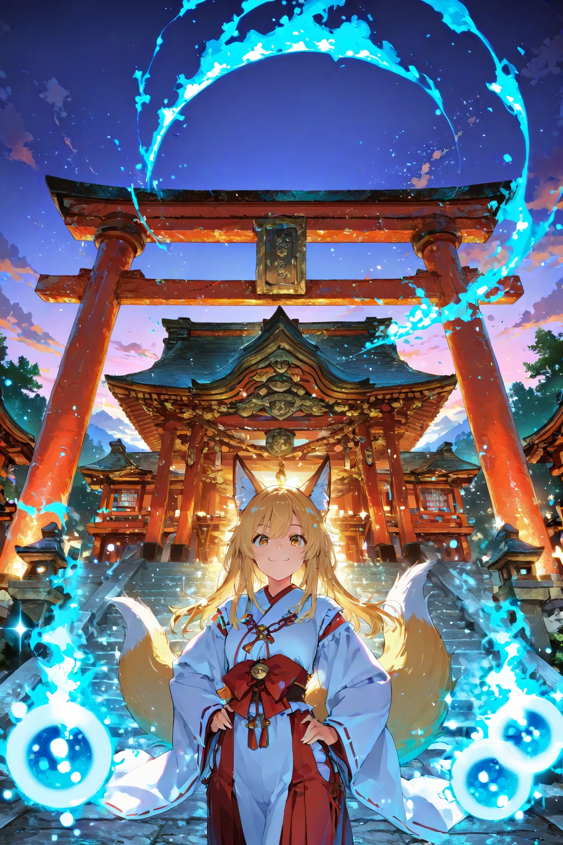 (masterpiece:1.2),BREAK,Best High Quality,(High Quality:1.2), Unity 8k,BRAKE ultra-detailed illustration of 1girl in shrine maiden outfit,shrine,torii,fox ears,fox tails,Floating blue  fireballs,hand on own hip,happy ,cute ,smile, epic, sparkle, particles , glowing,ember,evening ,kyuubi