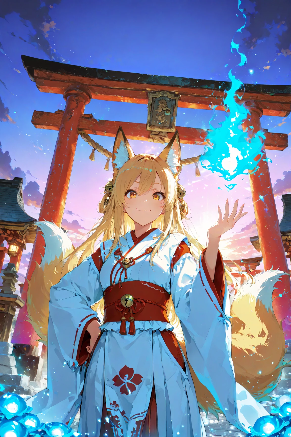 (masterpiece:1.2),BREAK,Best High Quality,(High Quality:1.2), Unity 8k,BRAKE ultra-detailed illustration of 1girl in shrine maiden outfit,shrine,torii,fox ears,fox tails,Floating blue  fireballs,hand on own hip,happy ,cute ,smile, epic, sparkle, particles , glowing,ember,evening ,kyuubi