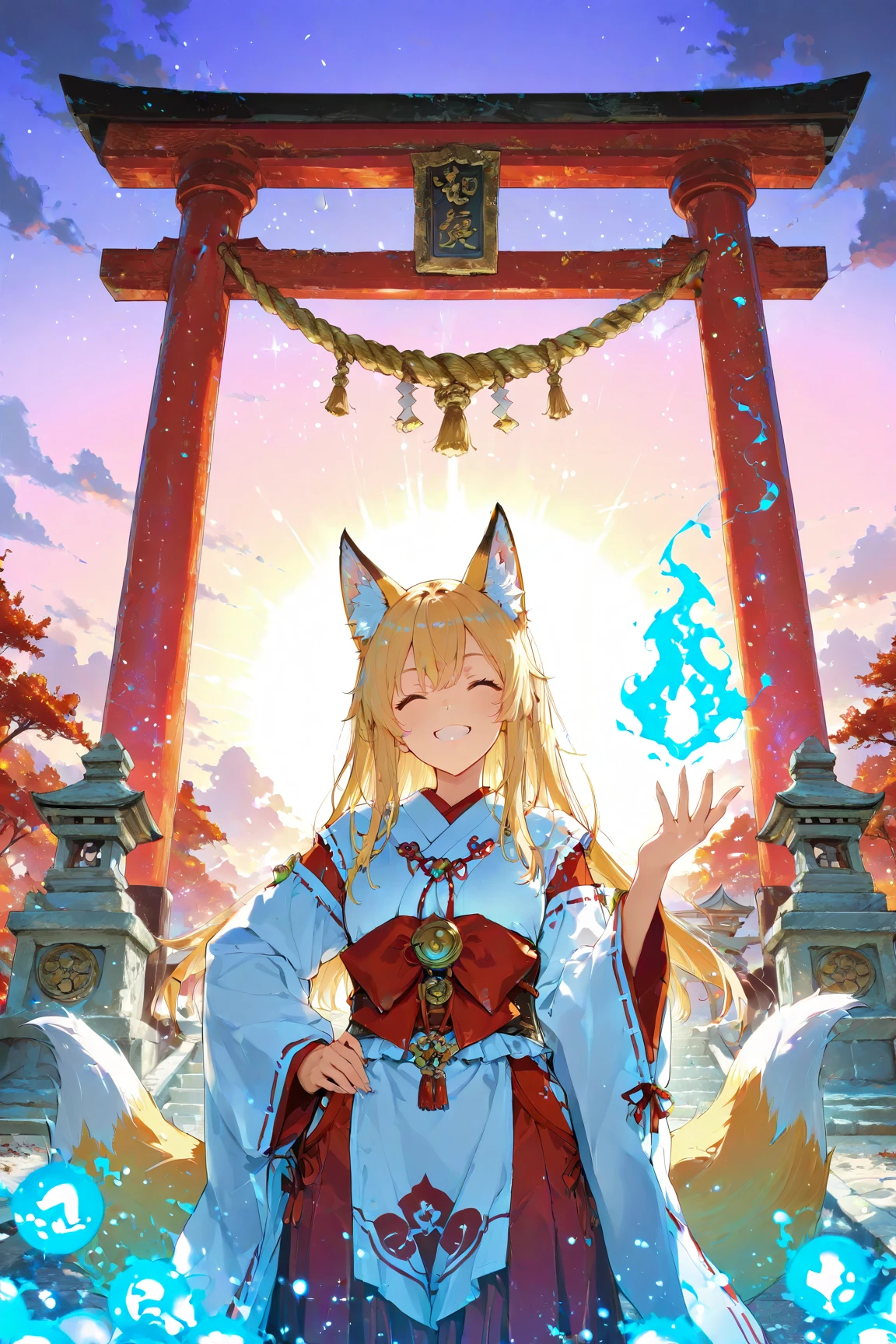 (masterpiece:1.2),BREAK,Best High Quality,(High Quality:1.2), Unity 8k,BRAKE ultra-detailed illustration of 1girl in shrine maiden outfit,shrine,torii,fox ears,fox tails,Floating blue  fireballs,hand on own hip,happy ,cute ,smile, epic, sparkle, particles , glowing,ember,evening ,kyuubi