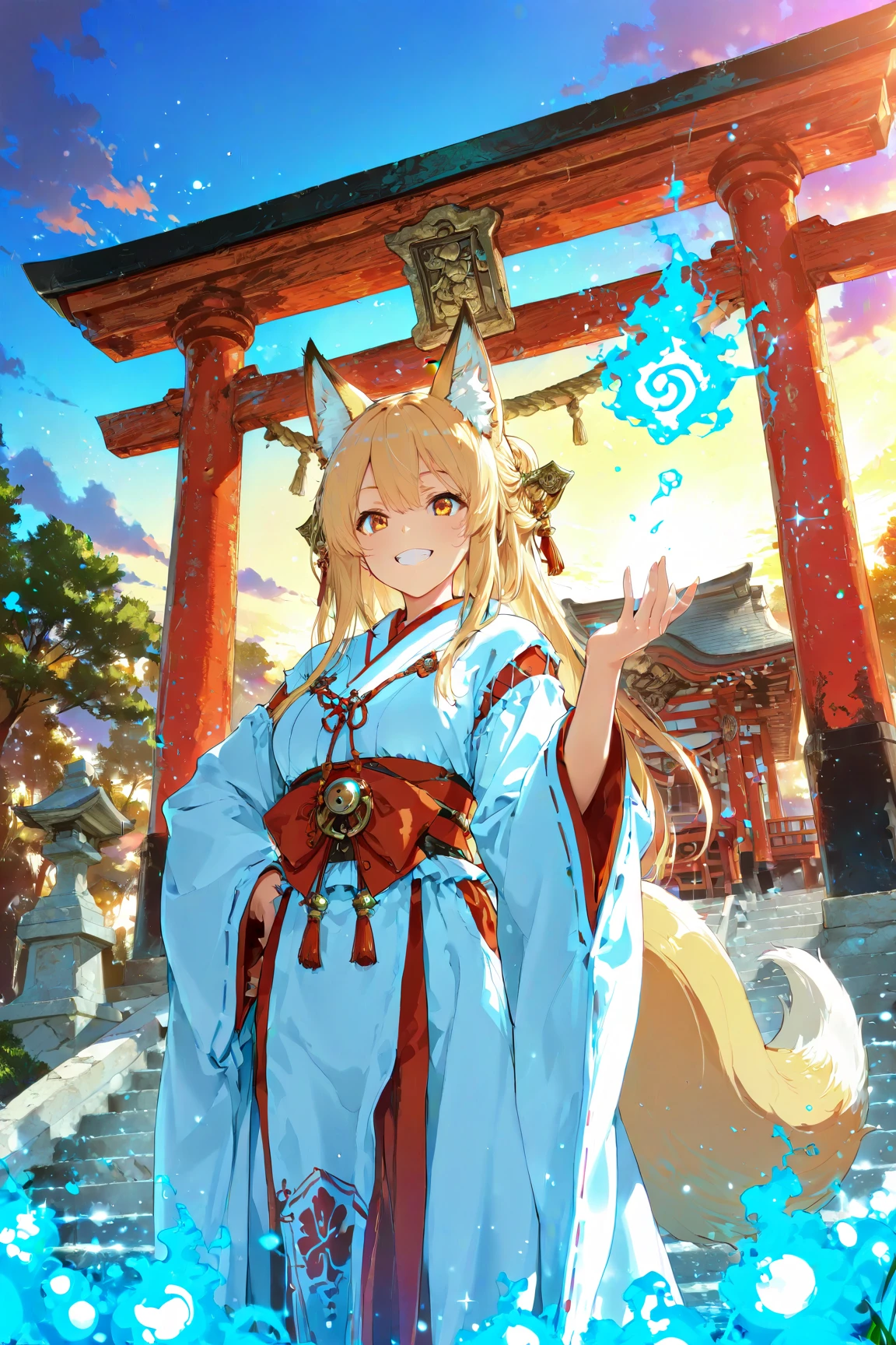 (masterpiece:1.2),BREAK,Best High Quality,(High Quality:1.2), Unity 8k,BRAKE ultra-detailed illustration of 1girl in shrine maiden outfit,shrine,torii,fox ears,fox tails,Floating blue  fireballs,hand on own hip,happy ,cute ,smile, epic, sparkle, particles , glowing,ember,evening ,kyuubi