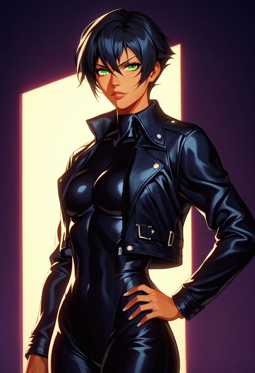 Photorealistic Image of Gorgeous 26 Years Old woman with Athletic Body, (Short Black Hair), (Yellow colored irises), (One Person), (Black Leather Jacket, Strapless Black Tube-Top, Black Tight Pants and White Belt:1.4), (Tan bronze Skin:1.4), (Detailed Shiny Appearance:1.4), (Snarky Expression), Deep Cleavage, (Midriff), (Dynamic Pose:1.4), (Empty City at Night:1.4), Centered, (Full Body Shot), (From Front Shot), Insane Details, Intricate Face Detail, Intricate Hand Details, Cinematic Shot and Lighting, Realistic Colors, Masterpiece, Sharp Focus, Ultra Detailed, Incredibly Realistic Environment and Scene, Master Composition and Cinematography
