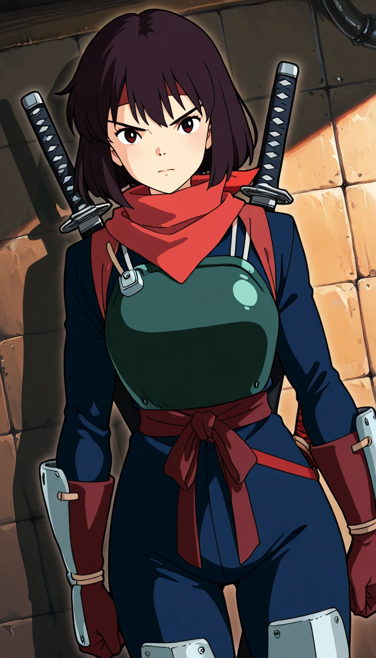 (1girl, karaitmnt), (extremely detailed CG unit 8k wallpaper),(master part), (best quality), (ultra detail), (best illustration),(ghibli_style), cowboy shot, dutch angle, standing,  facing viewer, looking at viewer, perfect face, perfect eyes, perfect fingers, traditional media, dark dungeon, metal wall, indoors, break , ninja outfit, gloves, red bandana, sheathed swords on back, katanas strapped to her back, suneate shin guards,, arms at side, v eyebrows 