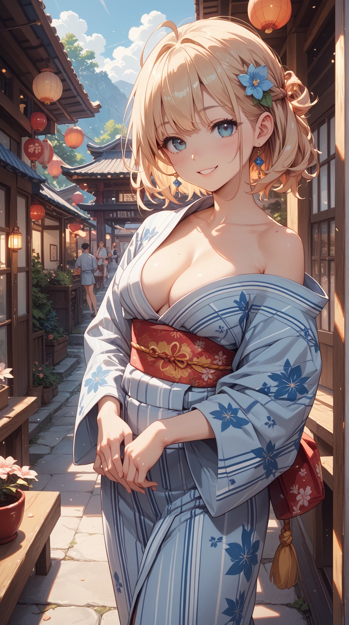 Anime style, super fine illustration, highly detailed, beautiful detailed, pale tone image, static representation, gentle expression, 8k, pretty 1girl with blonde straight short hair & blue eyes & a bright smile & huge breasts & nipples & soft fair skin is wearing the yukata, night fairs of Japanese festival is background, neon, brilliant particles of lights, romantic stories, solo, perfect fingers, perfect arms, perfect legs, masterpiece.