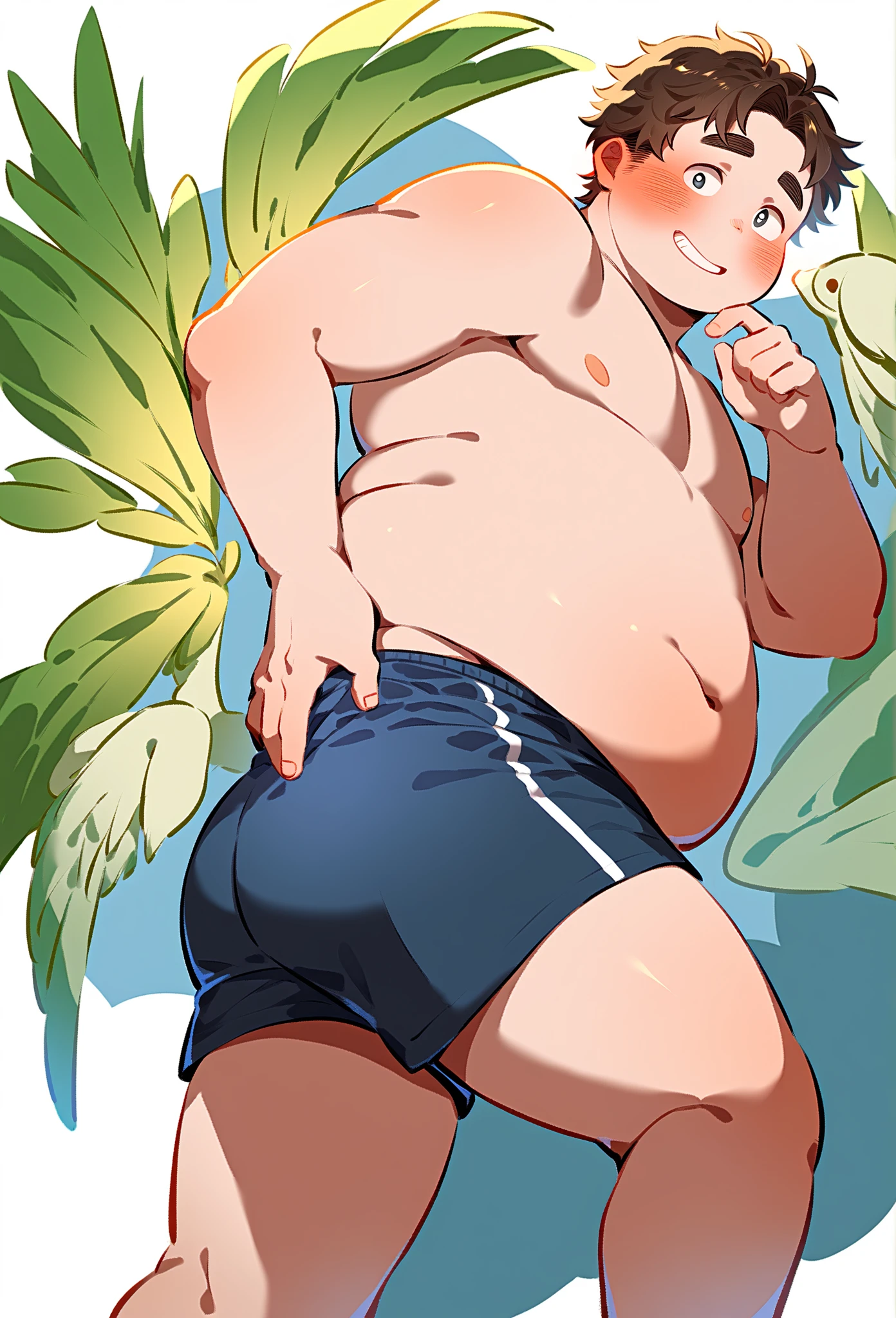 masterpiece, 3d, Bakugo Katsuki, muscled, chilling at the beach, ????????, big pregnant, belly, hands on back of head, only wearing a black ????????? with a orange line on the top and bomb symbols on the ?????????, light smile
