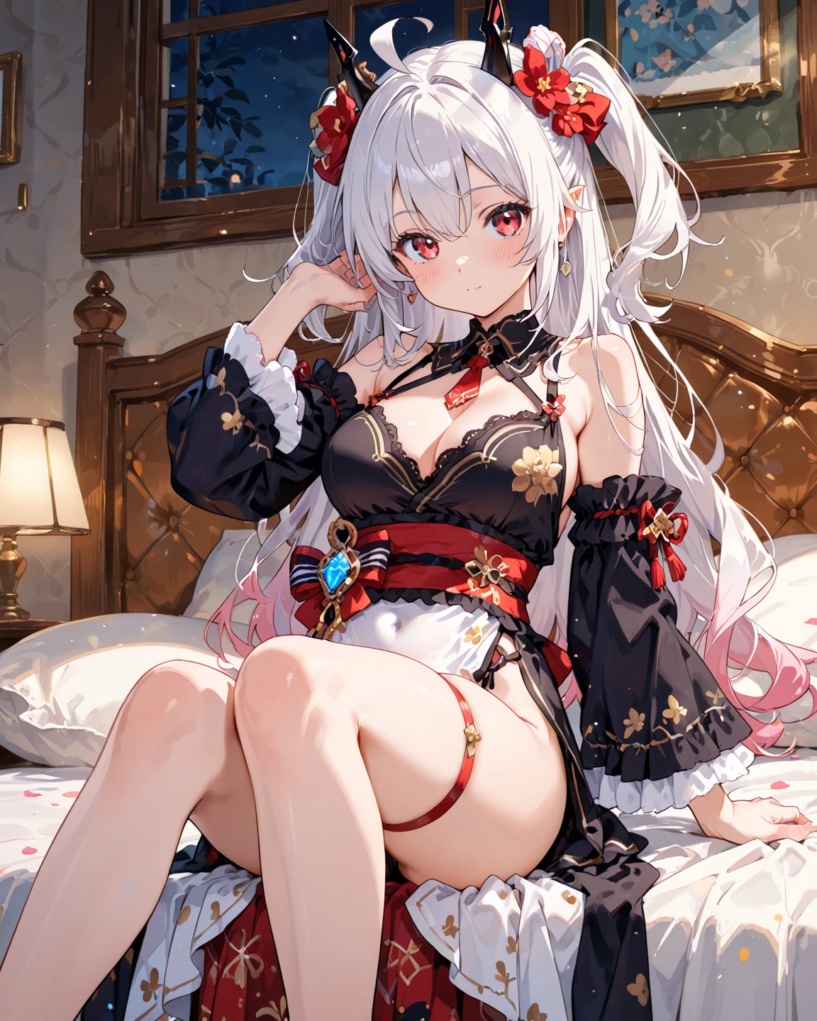 A very cute teen anime girl in bed, with loose kimono, worried face, blushing, missionary sex postion, POV, man touching her breasts, having sex in bed