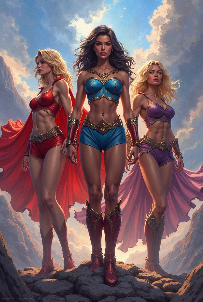 ((Full body photo, standing, feet on the floor)) score_9, score_8_up, score_7_up, score_6_up, 3girls, harley quinn (colored hair, back to supergirl, thigh-high gladiator sandal boots, red lingerie and black, navel :1.1) (black hair, back to Supergirl, thigh-high gladiator sandal boots, blue lingerie, navel :1.1) . Wonder Woman (black hair, her back is turned to Supergirl, thigh-high gladiator sandal boots, blue lingerie, navel :1.1) and Supergirl (blonde hair, red and gold lingerie, gladiator sandals that reach halfway up her thighs, level:1.3), elegant hotel suite, lovers, in love, lying on a large and luxurious bed, kissing, groping, (cinematic lighting:1.2),, (sunset:1.2).
