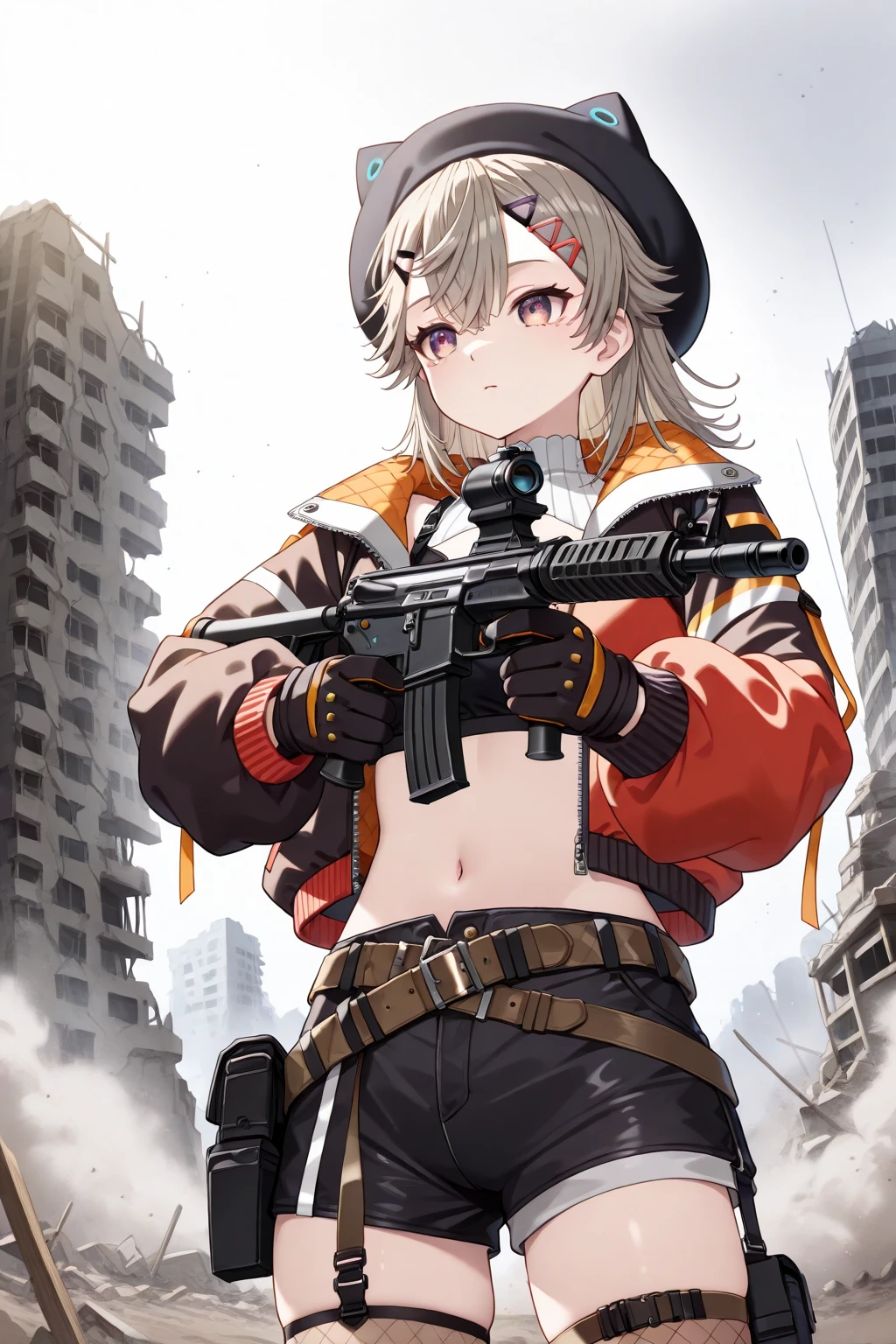 1 girl, little girl, 9yo, solo, pale skin, ((tattered and torn clothes, displeased look, angry look)), poor district in background, blouse, (blonde hair, short hair, red eyes), shades of grey, cute hair_ornament, (knife, torn azure legwear)