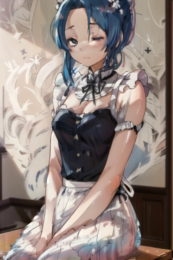 , 1girl, (table humping:1.5), (crotch rub:1.2), ((nobility lady cloth), (neat outfit:1.5), (costume with blue accents: 1.2), (white shirt) (skirt lift:1.5), white panties,(White hair and blue highlights),cyan eyes, medium, short hair, solo, (medium breasts:1.2),  table, lifting,(suggestive fluid:1.2), masterpiece, (blushing:1.3), embarrassed face, best quality, highly detailed, (panting:1.2) saliva dripping, (blushing:1.3), (yawning:1.5), (pussy juice:1.5