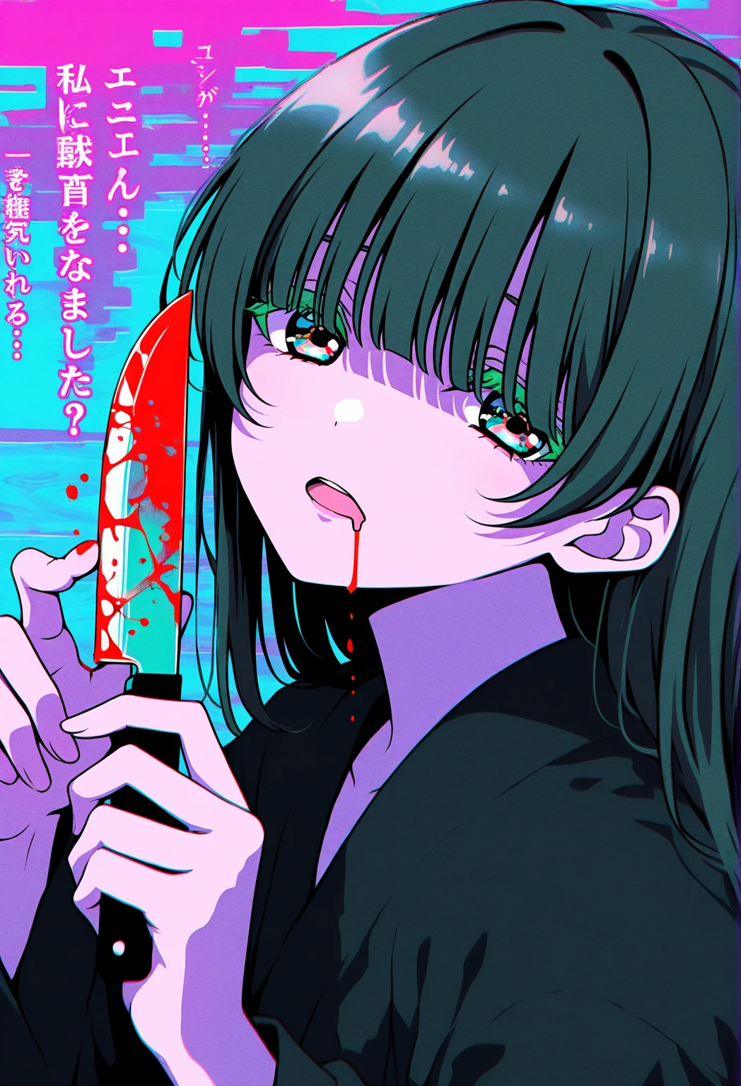 The anime girl has just finished killing in a gloomy hell，With a bloody knife，Look with lonely eyes，There were countless pairs of demon eyes in hell looking at her，There were bloody corpses all around, The demon's hands stretched out from the blood-colored lake
