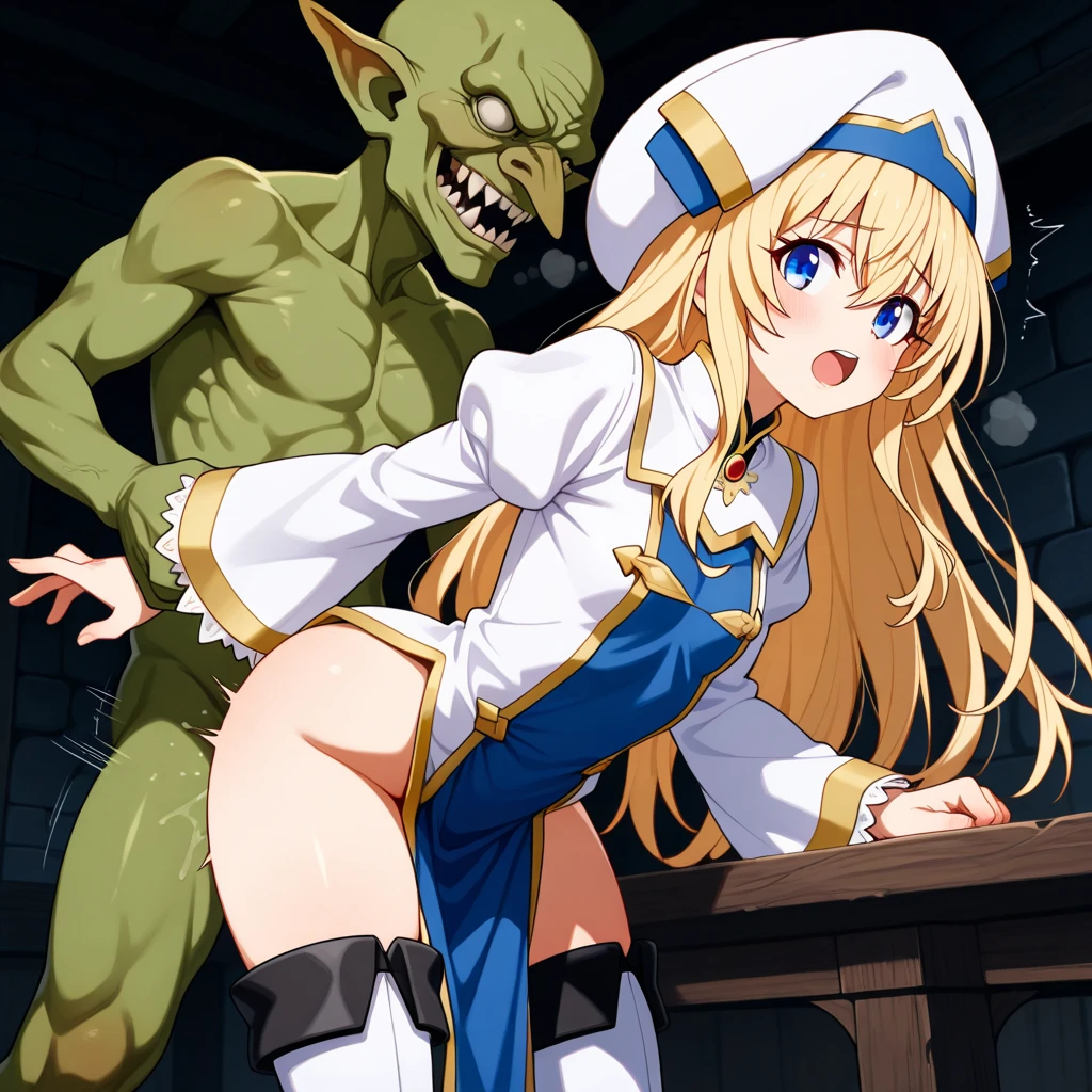 score_9, score_8_up, score_7_up, score_6_up, source_anime, masterpiece, (photorealistic:1.3), (realistic:1.5), absurdres absolutely resolution BREAK (1human girl:1.3), (the girl is 15yo:1.3), (the girl has attractive ears:1.5), (long hair with short bangs:1.1), BREAK (blonde hair:1.5), BREAK (thin thighs:1.3), (thin legs:1.3), (slender body:1.4), (small breasts:1.1), (erection-nipples:1.4), BREAK ((priestess, boots, dress, frilled sleeves, frills, hat, white headwear, pelvic curtain, high heels, robe, thigh boots, thighhighs, white thighhighs, long sleeves, puffy sleeves)), BREAK young cute face, (stomach bulge:1.0), (breast-milk comes out:1.7), (in the old subterranean dungeon:1.4), fit, BREAK (cum on body:1.7), (orgasm:1.4), (wide-eyed:0.9), (slut:1.2), (vulgarity:1.2), (fucked silly:1.1), (tears:1.5), (wet:1.5), head tilted up, (sweat:1.6), (arms behind back:0.7), BREAK (excessivecum:1.3), (cum on legs:1.4), (cum in mouth:1.4), (cum in pussy:1.6), (cum in anal:1.5), (girl is deepthroat to Troll's-huge-penis:1.6), BREAK (the girl is human:1.4), BREAK (Troll is very huge-fat-body:2.2), (4male Troll:1.3), (Troll is very huge-thick-penis:2.2), BREAK gangbank, (double penetration:1.6), (vaginal sex with anal sex:1.6)