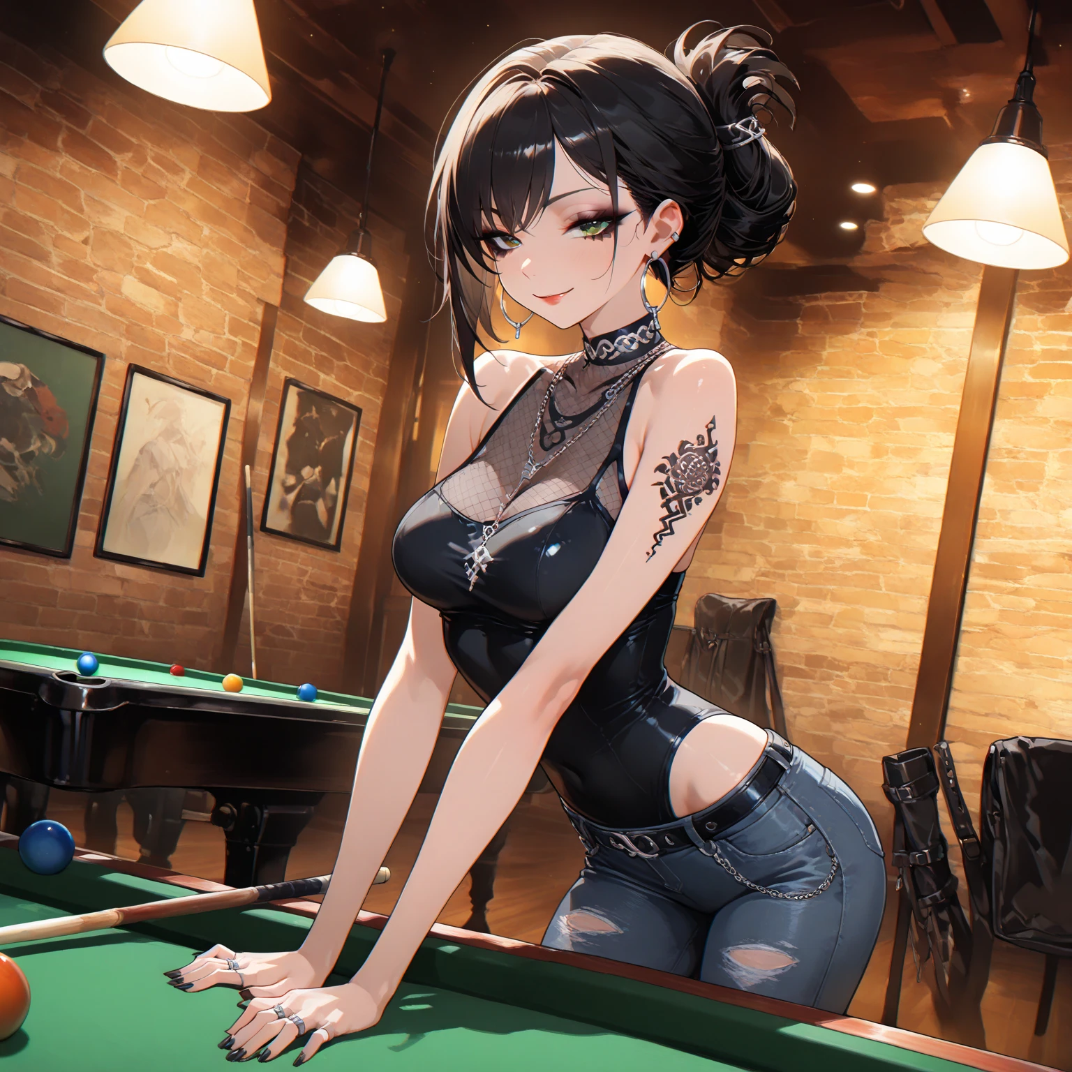 Tekken female character sexy latex outfit Curly hair huge bust, Standing at the pool table, clearly visible ass and full body, (8k, RAW photo, photorealistic: 1.25), (lots of lip gloss, lots of eyelashes, watery eyes, best quality, ultra high resolution, depth of field, chromatic aberration, caustic, wide light, natural color,