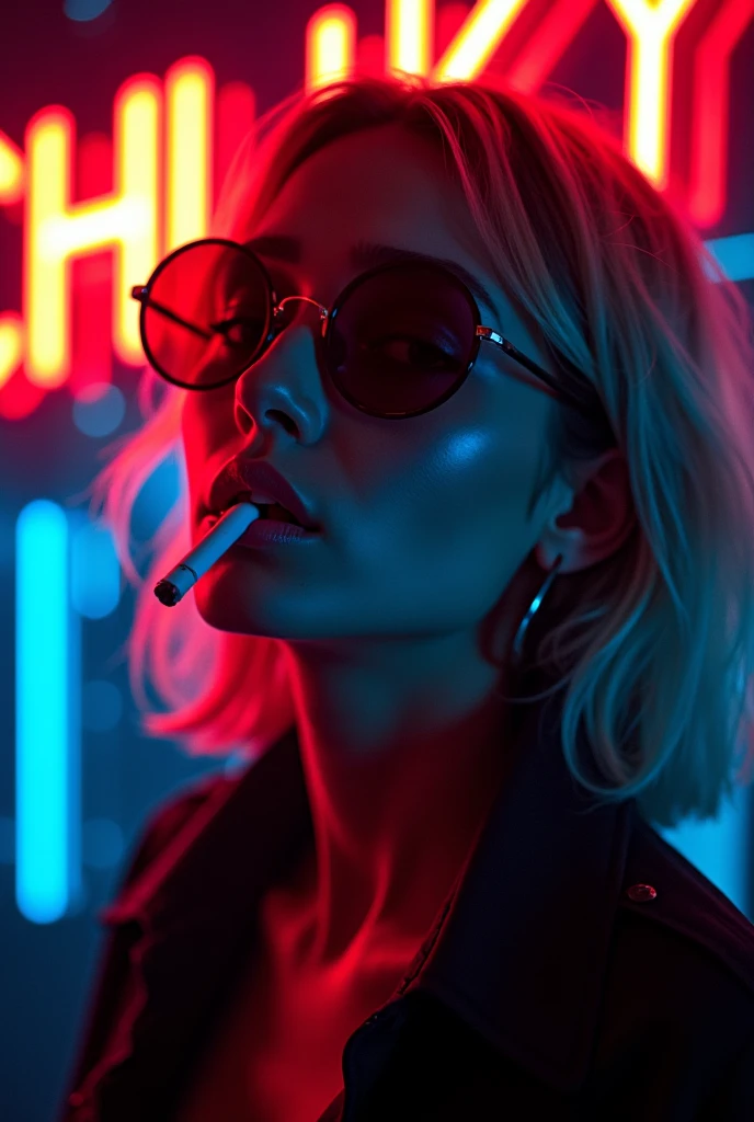The character has a distinctive red lightning bolt painted across their face, reminiscent of David Bowie's iconic Aladdin Sane look, This red makeup accentuates the character's strong, angular features, The character's hair is slicked back neatly, with a slight shine, suggesting a well-groomed and stylish appearance, The character is wearing large, reflective sunglasses with white frames, The lenses reflect neon colors, predominantly blue and pink, possibly depicting a futuristic or vibrant urban scene, The reflections in the glasses add a sense of depth and intrigue to the character, The character is dressed in a bright red suit, including a collared shirt and a tie, all in the same vivid shade, The choice of color matches the lightning bolt makeup and creates a cohesive and bold color scheme, They are wearing black gloves, adding a touch of formality and a slight hint of mystery or sophistication, The character is holding a cigar in their right hand, The smoke from the cigar curls upward in a smooth, flowing line, adding a dynamic element to the image, The presence of the cigar contributes to an aura of confidence and nonchalance, The dominant color in the image is red, which is used for the suit, the makeup, and the overall lighting, This creates a dramatic and intense atmosphere, The sunglasses reflect neon blue and pink colors, contrasting sharply with the red and adding a futuristic, cyberpunk vibe to the image, The background is dark, almost black, which makes the character stand out starkly and draws all the focus to them, The lighting on the character's face and suit creates a glowing effect, emphasizing their presence and importance