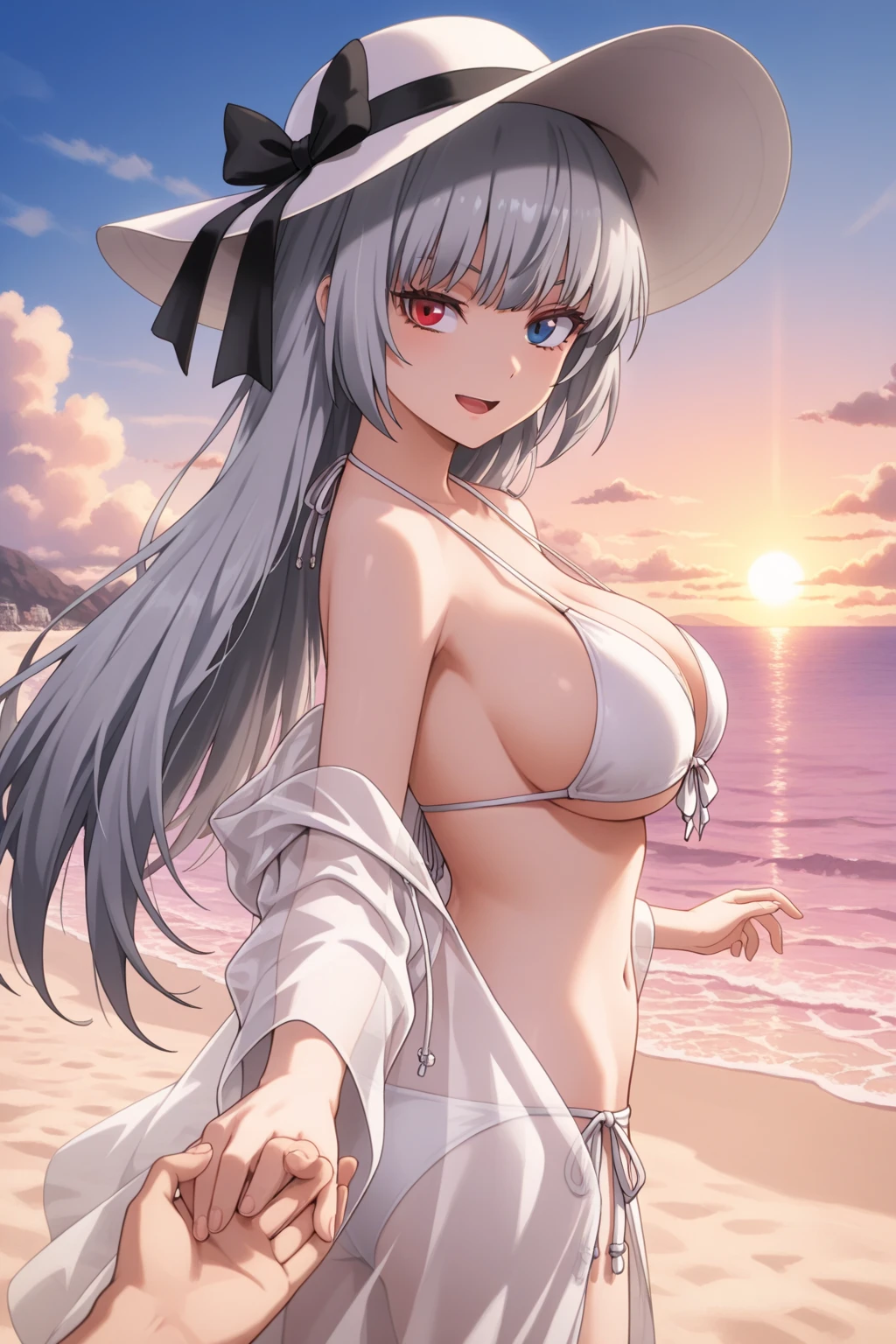 ((extreme detail)),(ultra-detailed),(painting), chiaroscuro, extremely detailed CG unity 8k wallpaper, best quality, <lora:Sakurako-BlueArchive-v2R:0.7>sakurako, white bikini, sun hat, :d, sunset, beach, palm, ocean, coast, cloud, jewelry, necklace, from side,