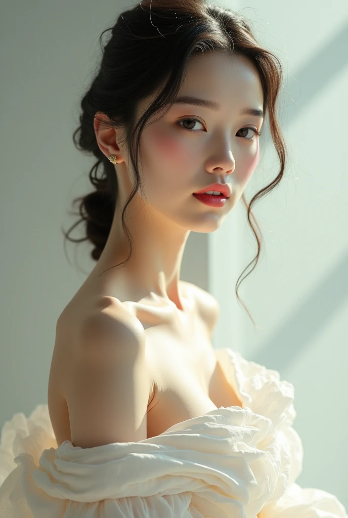 (Photorealistic),(Masterpiece),(ultra-detailed),a shot of very beautiful and tall but so delicate and weak and thin and fragile because she hasn’t eaten for a month,wearing a baggy white silk dress ,have absolutely no fat or muscles, quite tall but very small and feeble and fragile body frame,enduring extreme hunger,big eyes and very small face,about to faint but resisting,extremely severely malnourished