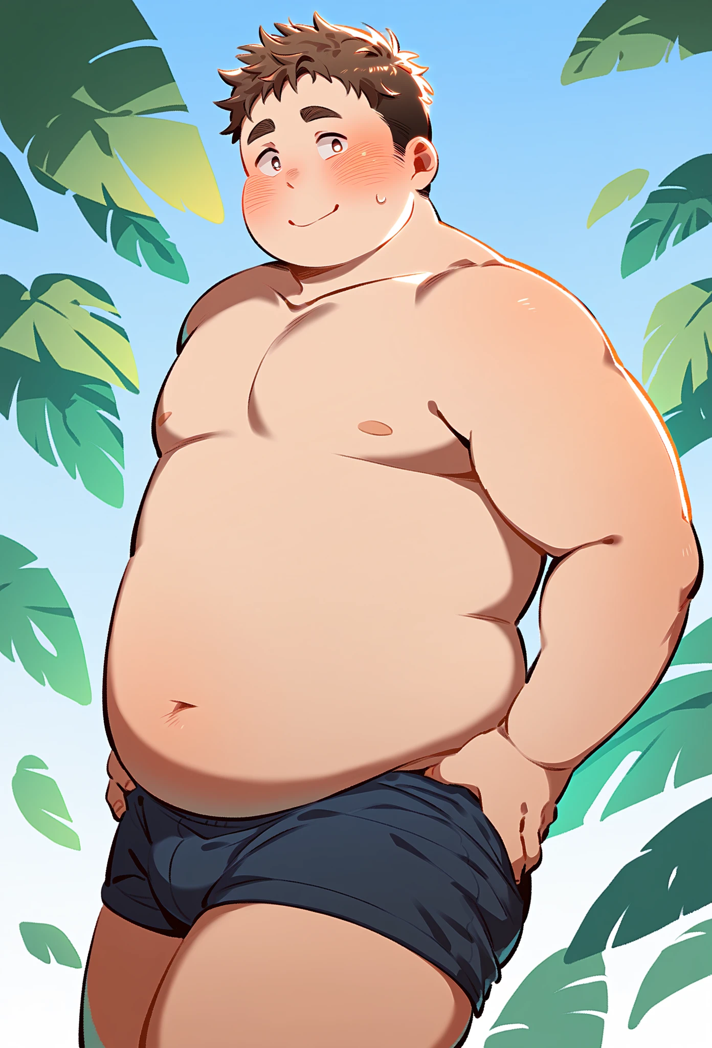 A fat man，Big eyes，Black round glasses，short hair，Round inches，Big round face，Very large and well-developed chest muscles，Big full belly，Standing on the beach far away from the setting sun，The upper body is bare，Wearing briefs with bulge in the crotch，Oriental male，full-body shot