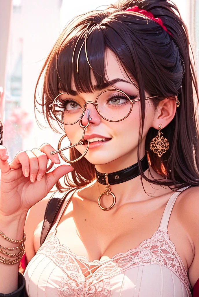 black hair, hair over shoulder, bell, rimless eyewear, heart-shaped pupils, cat ears, blush, heart in eye, naughty, saliva trail, Surrealism, 8k, super detail --auto